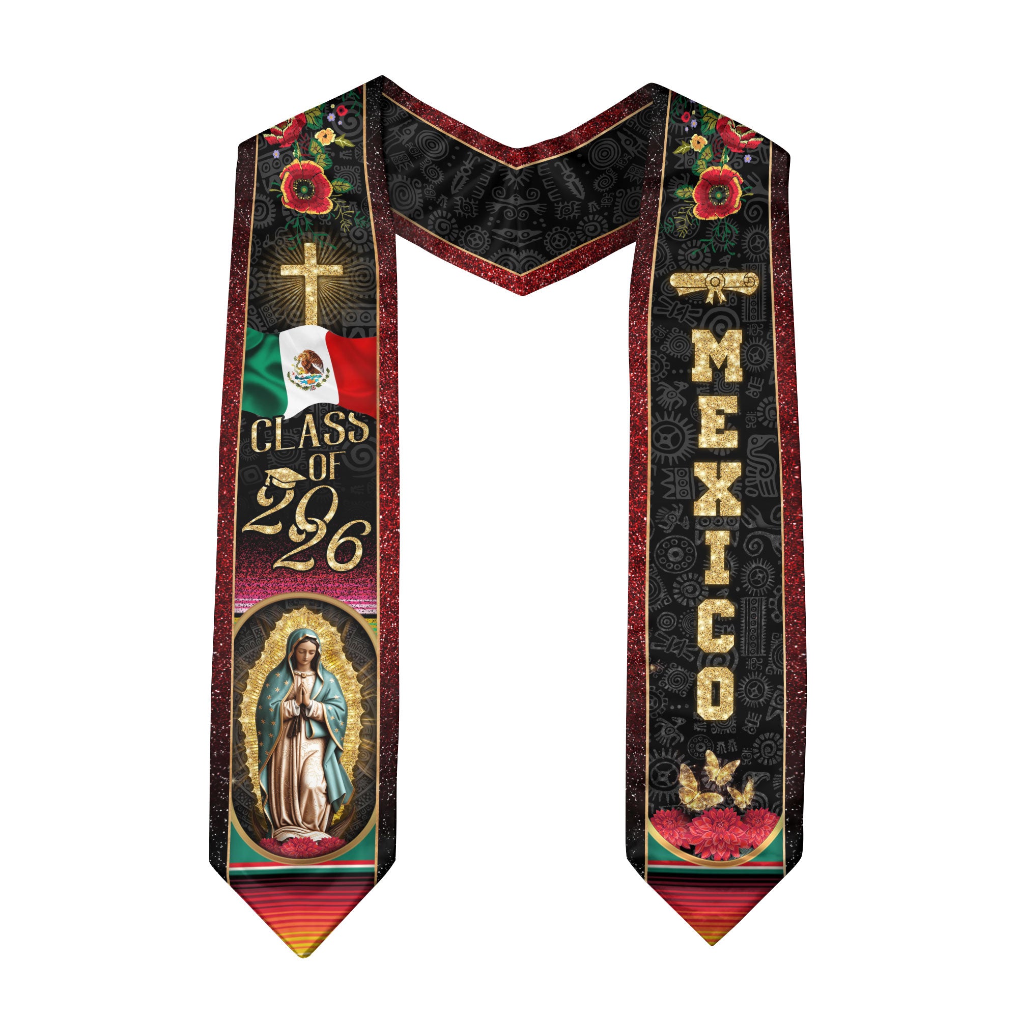 Mexican Graduation Stole Mexico Sash Aztec Virgin Mary Cross Flag Flowers 2026