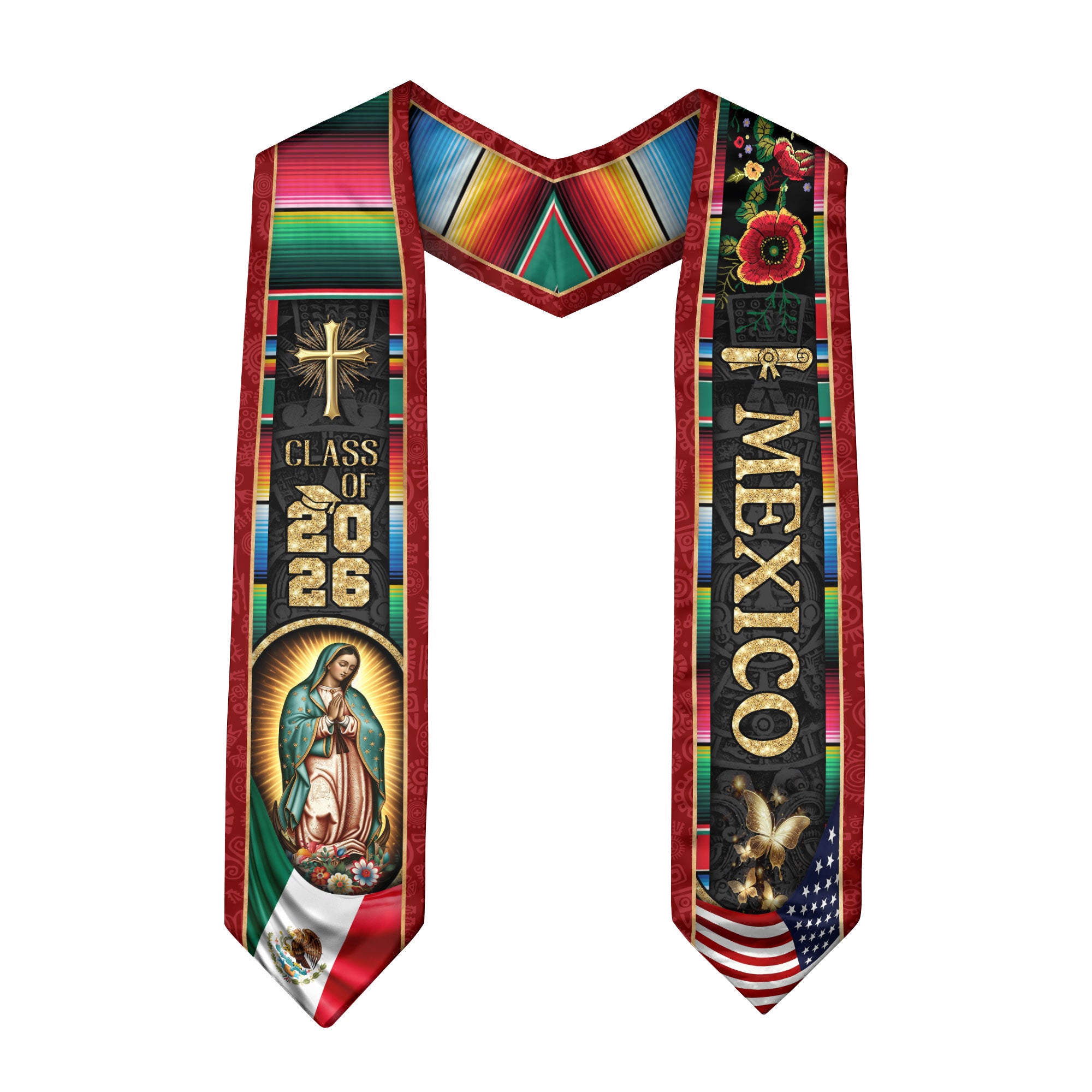 Mexican Graduation Stole Mexico USA Flag Aztec Virgin Mary Cross Serape 2026
