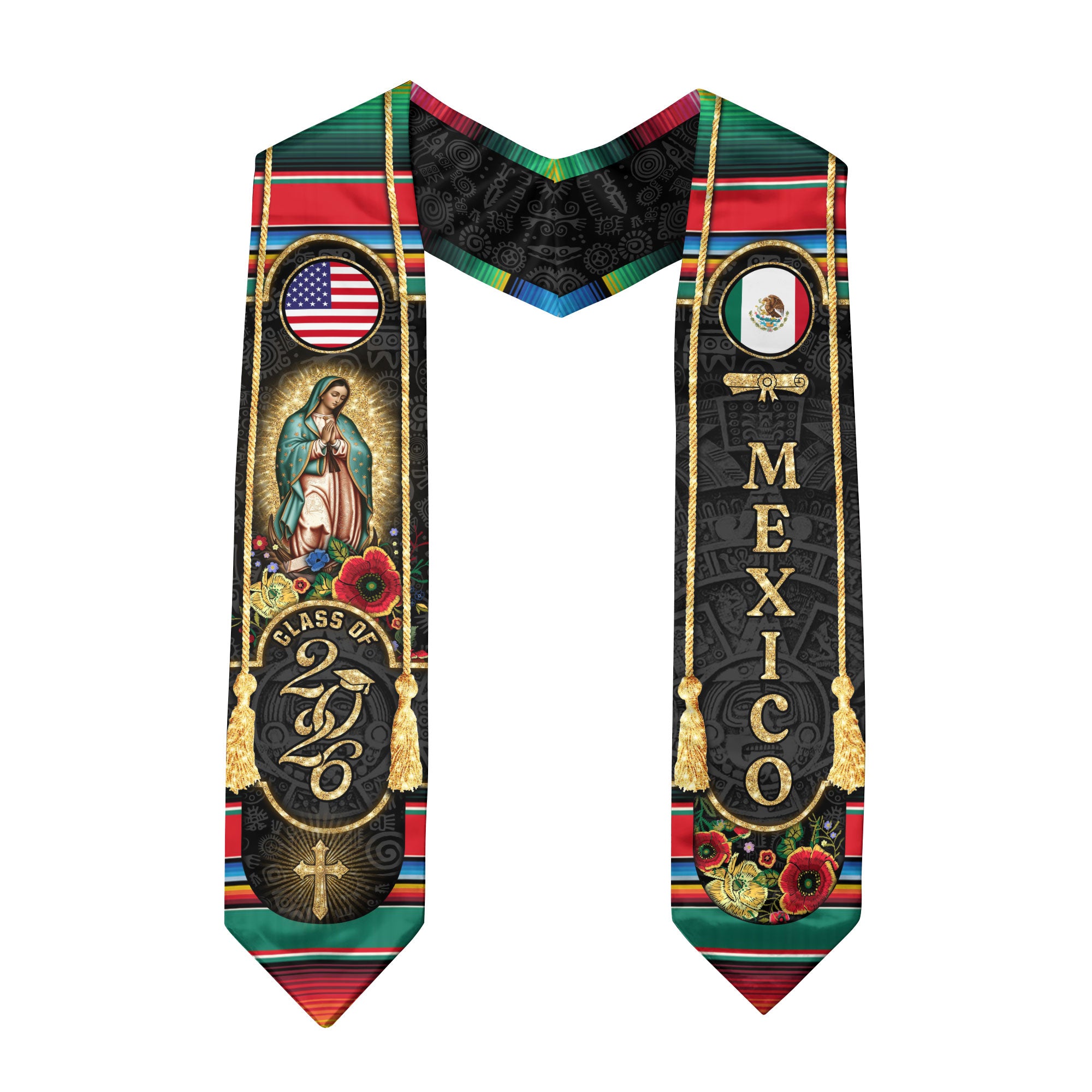 Mexican Graduation Stole Mexico USA Flag Aztec Virgin Mary Cross Flowers 2026