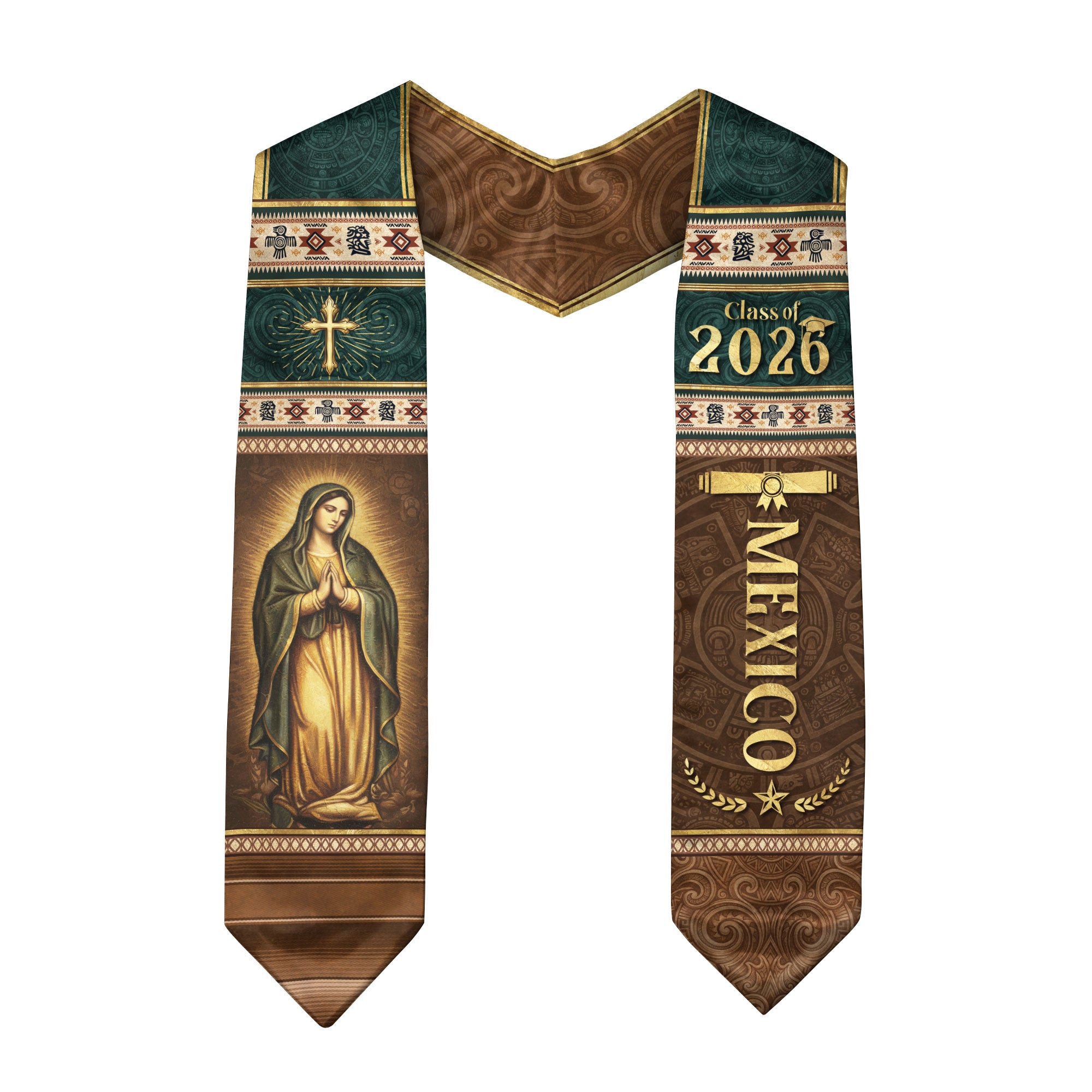Mexican Graduation Stole Mexico Sash Aztec Pattern Virgin Mary Cross Class 2026