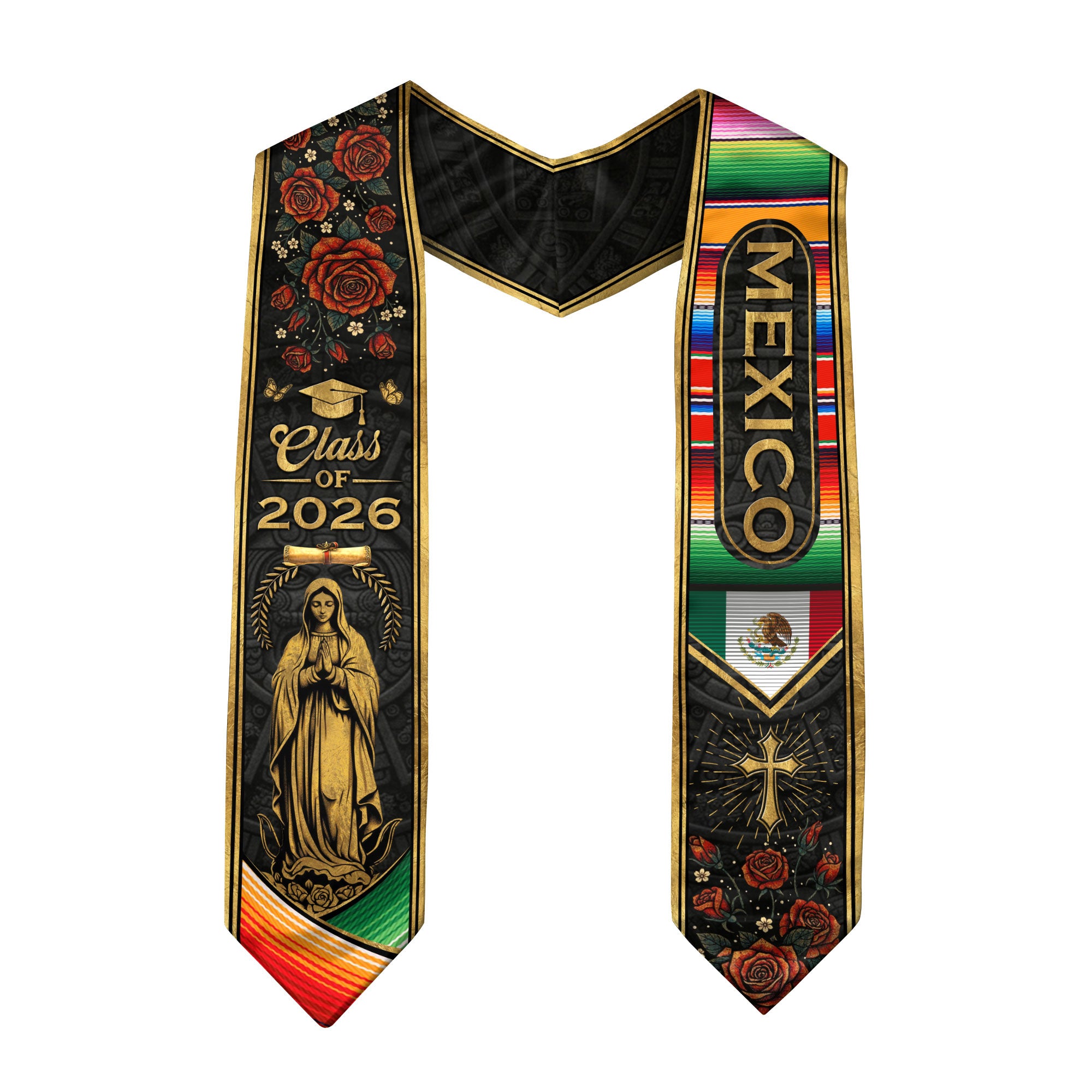 Mexican Graduation Stole Mexico Sash Aztec Roses Virgin Mary Cross Class 2026