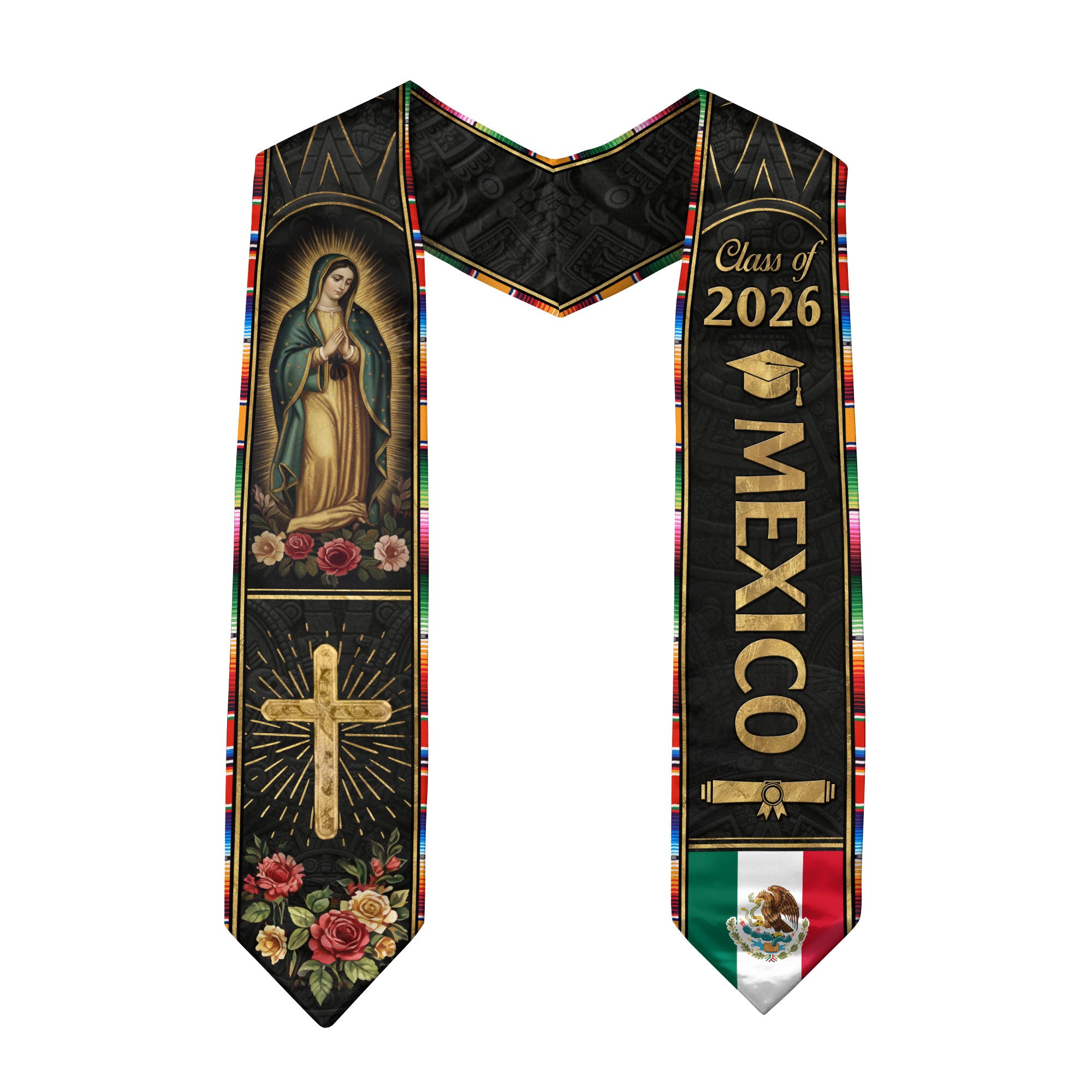 Mexican Graduation Stole Mexico Sash Aztec Virgin Mary Cross Roses Class 2026