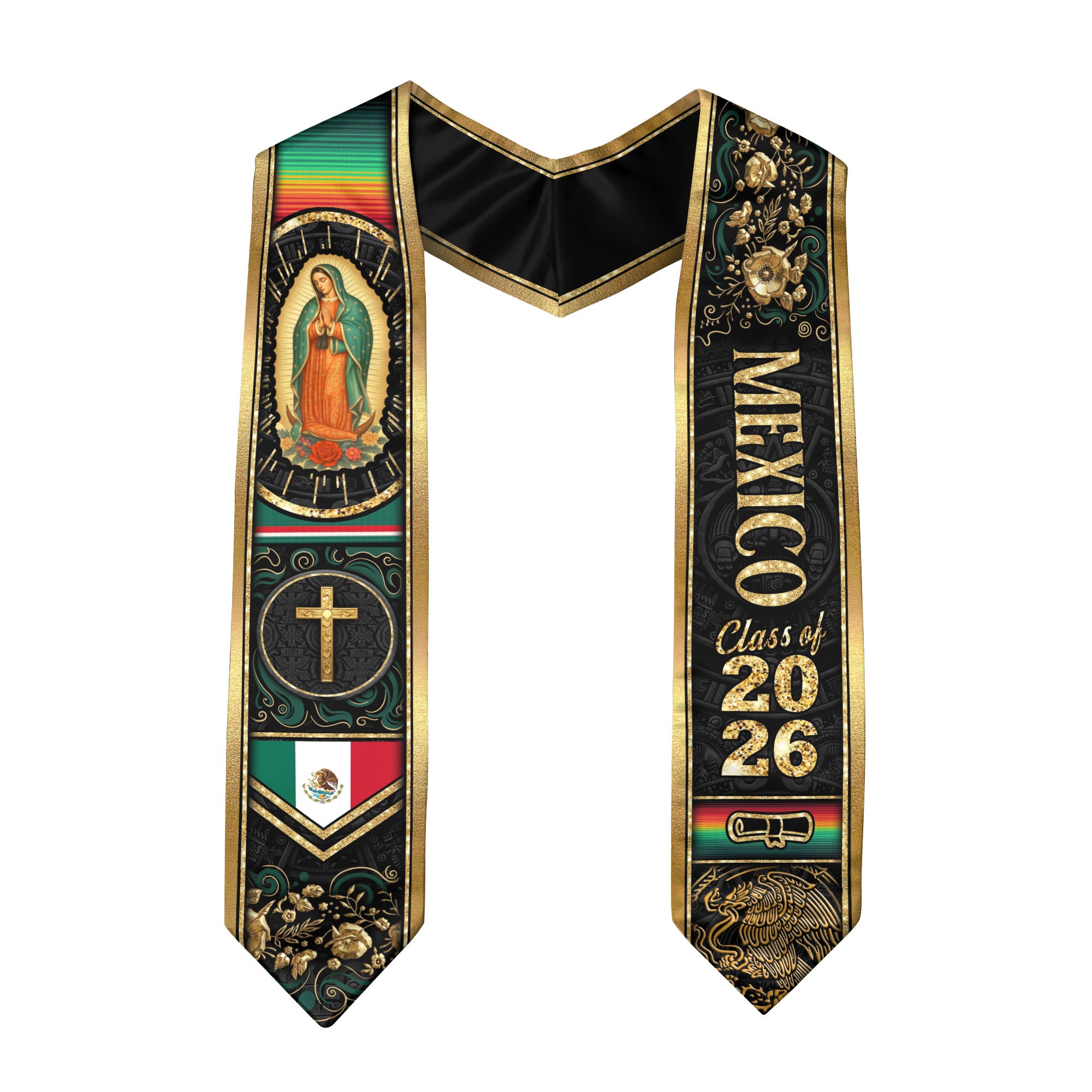 Mexican Graduation Stole Mexico Sash Aztec Virgin Mary Cross Eagle 2026