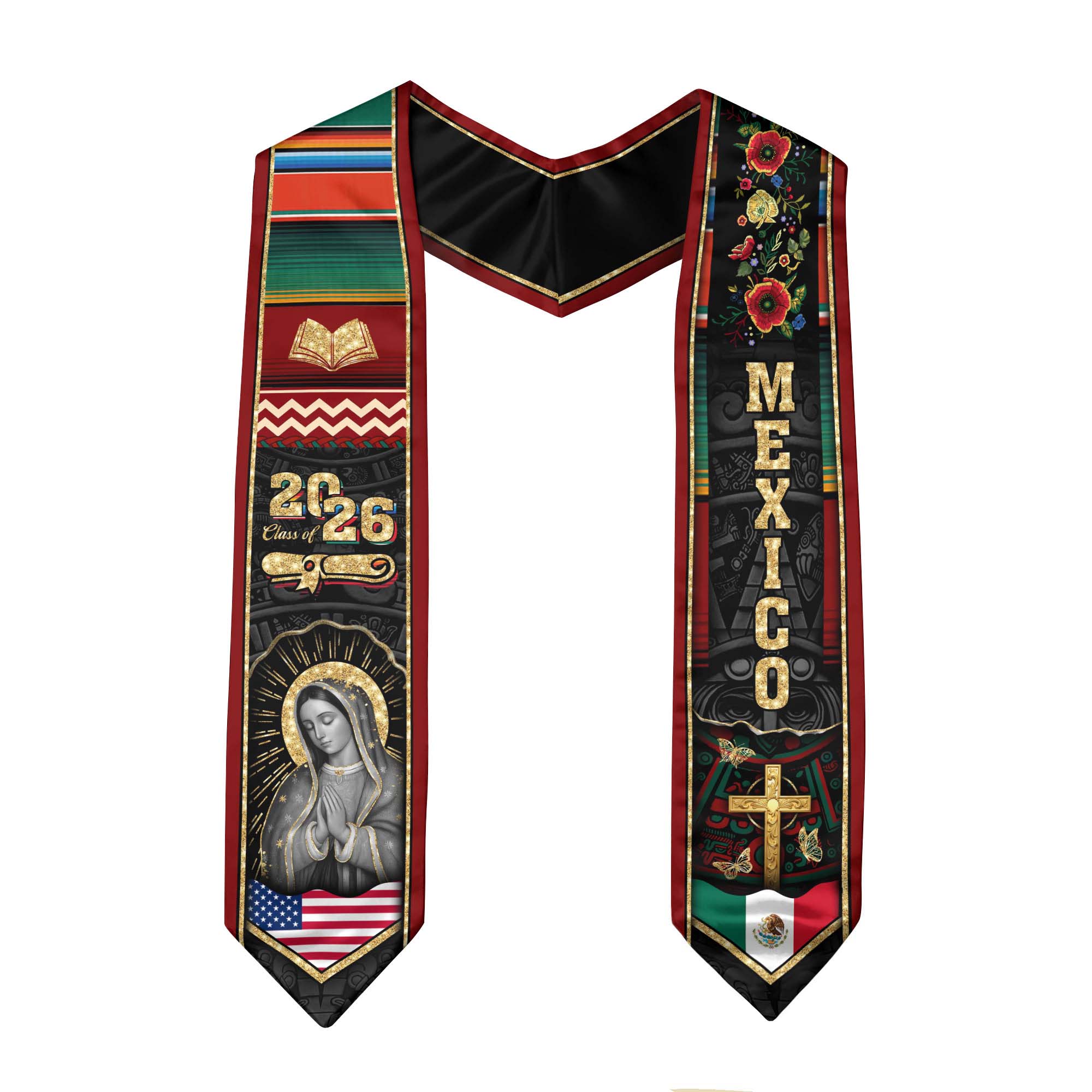 Mexican Graduation Stole Mexico Sash Aztec Virgin Mary Bible Cross 2026