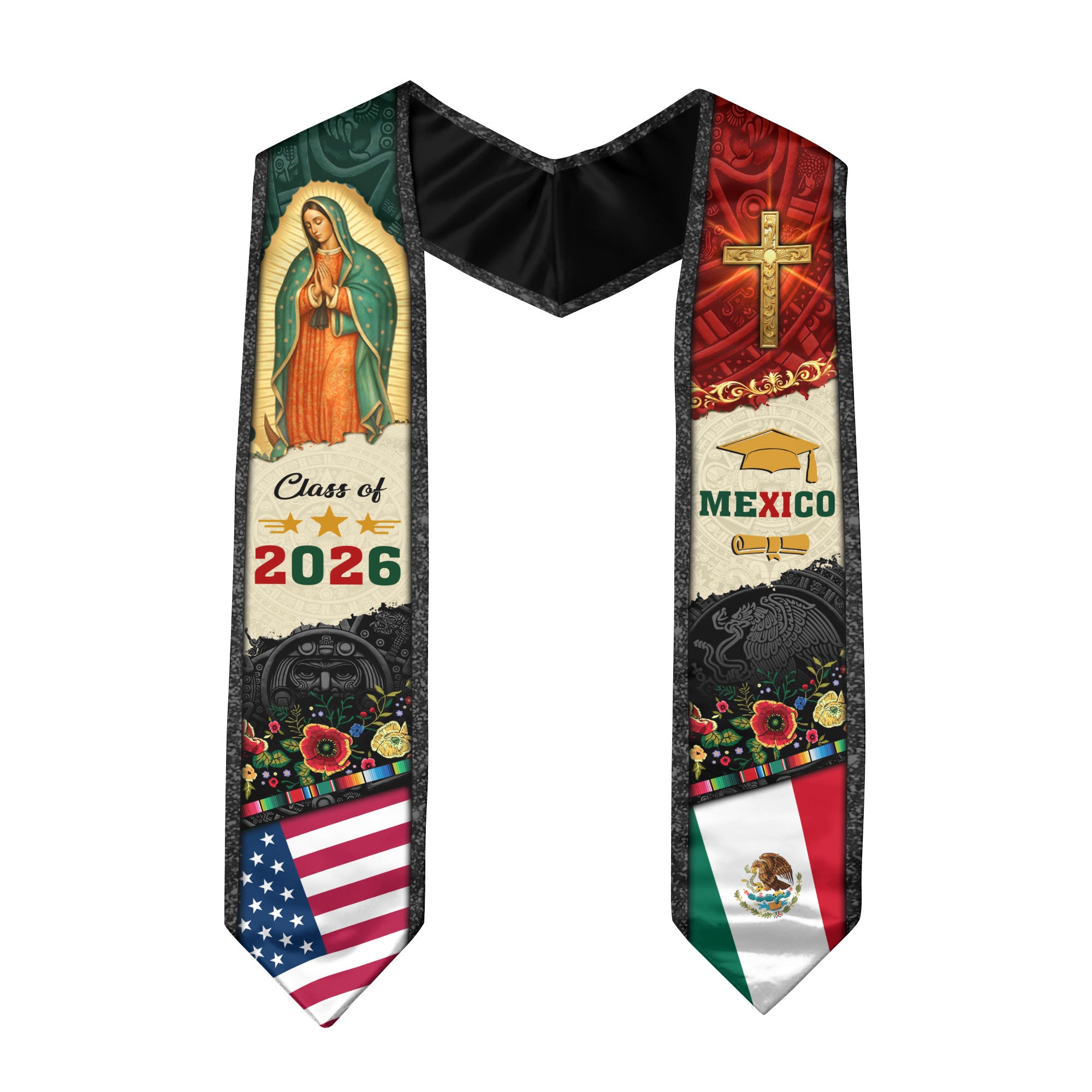 Mexican Graduation Stole Mexico USA Flag Aztec Virgin Mary Cross Eagle 2026