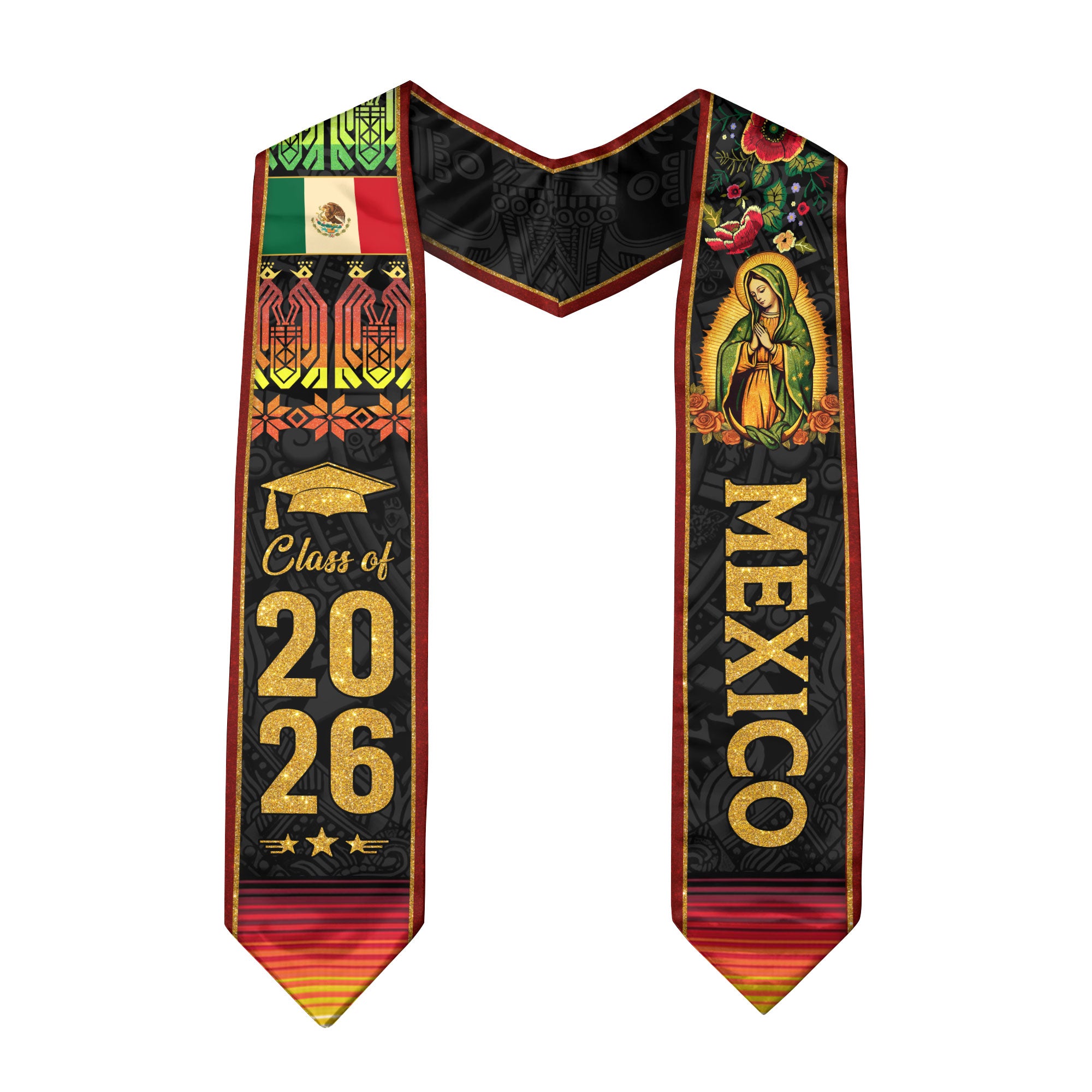 Mexican Graduation Stole Mexico Sash Aztec Virgin Mary Flowers Class 2026