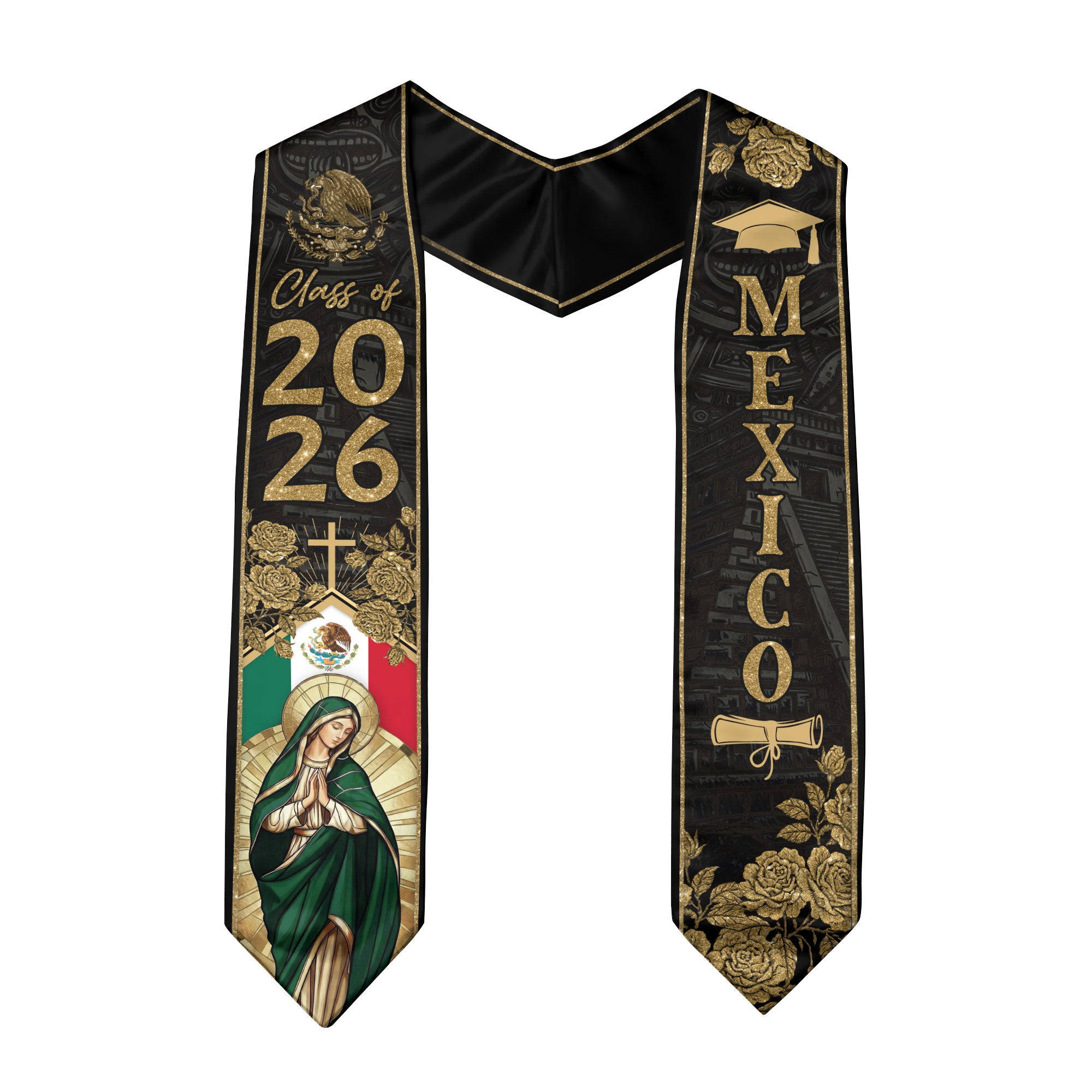 Mexican Graduation Stole Mexico Sash Virgin Mary Cross Roses Gold 2026