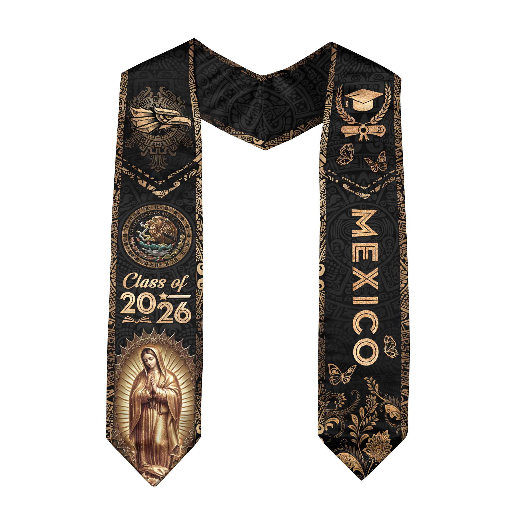 Mexican Graduation Stole Mexico Sash Aztec Eagle Virgin Mary Gold 2026