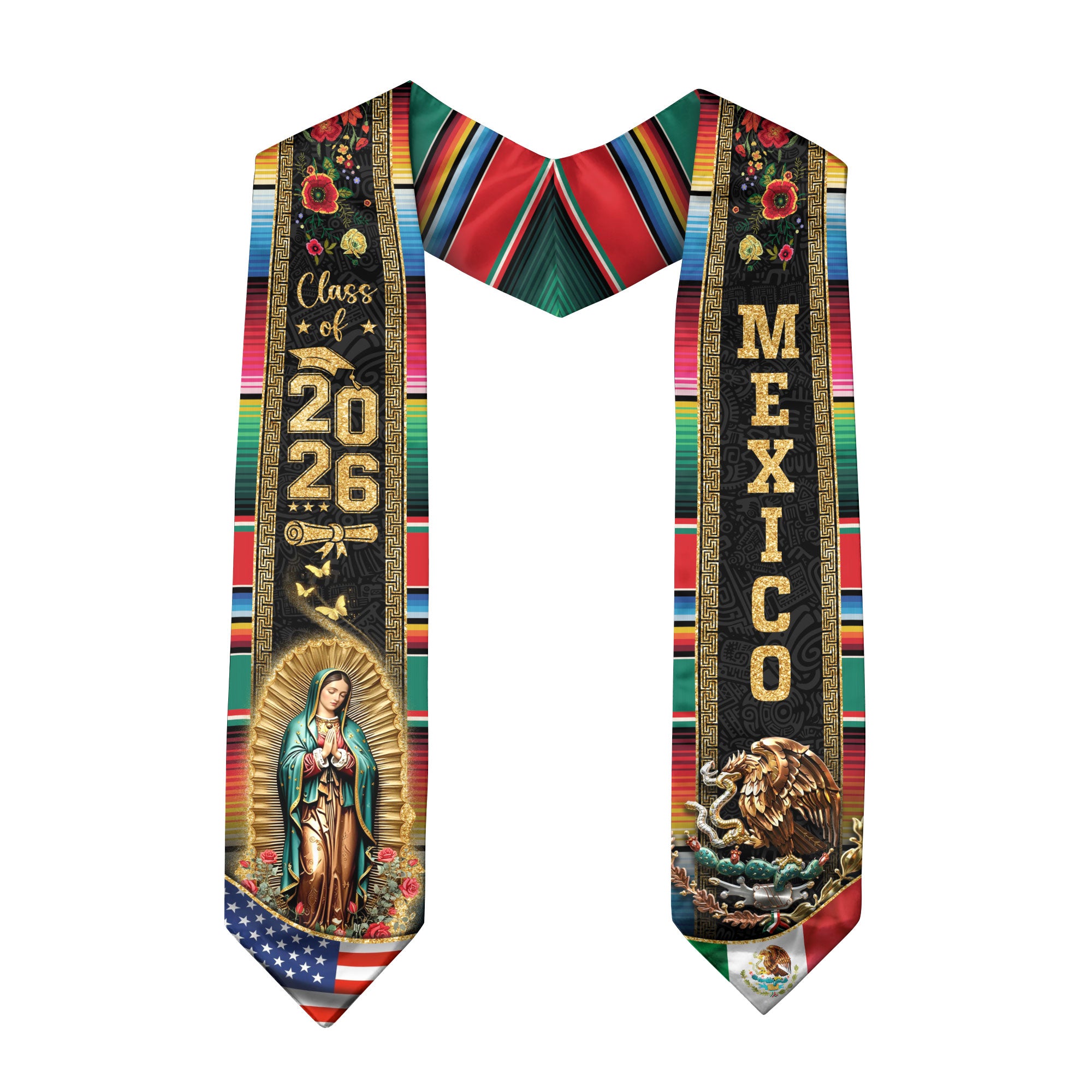 Mexican Graduation Stole Mexico USA Flag Aztec Eagle Virgin Mary Serape 2026