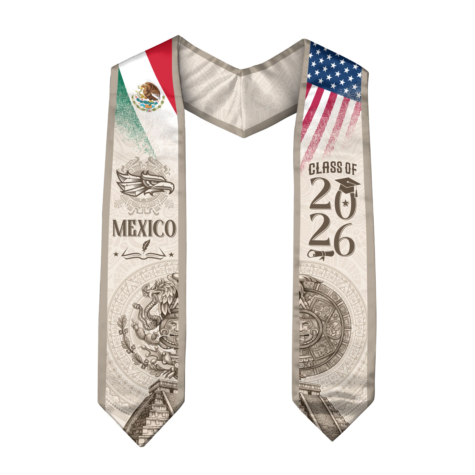 Mexican Graduation Stole Mexico USA Flag Aztec Calendar Eagle Pyramid 2026