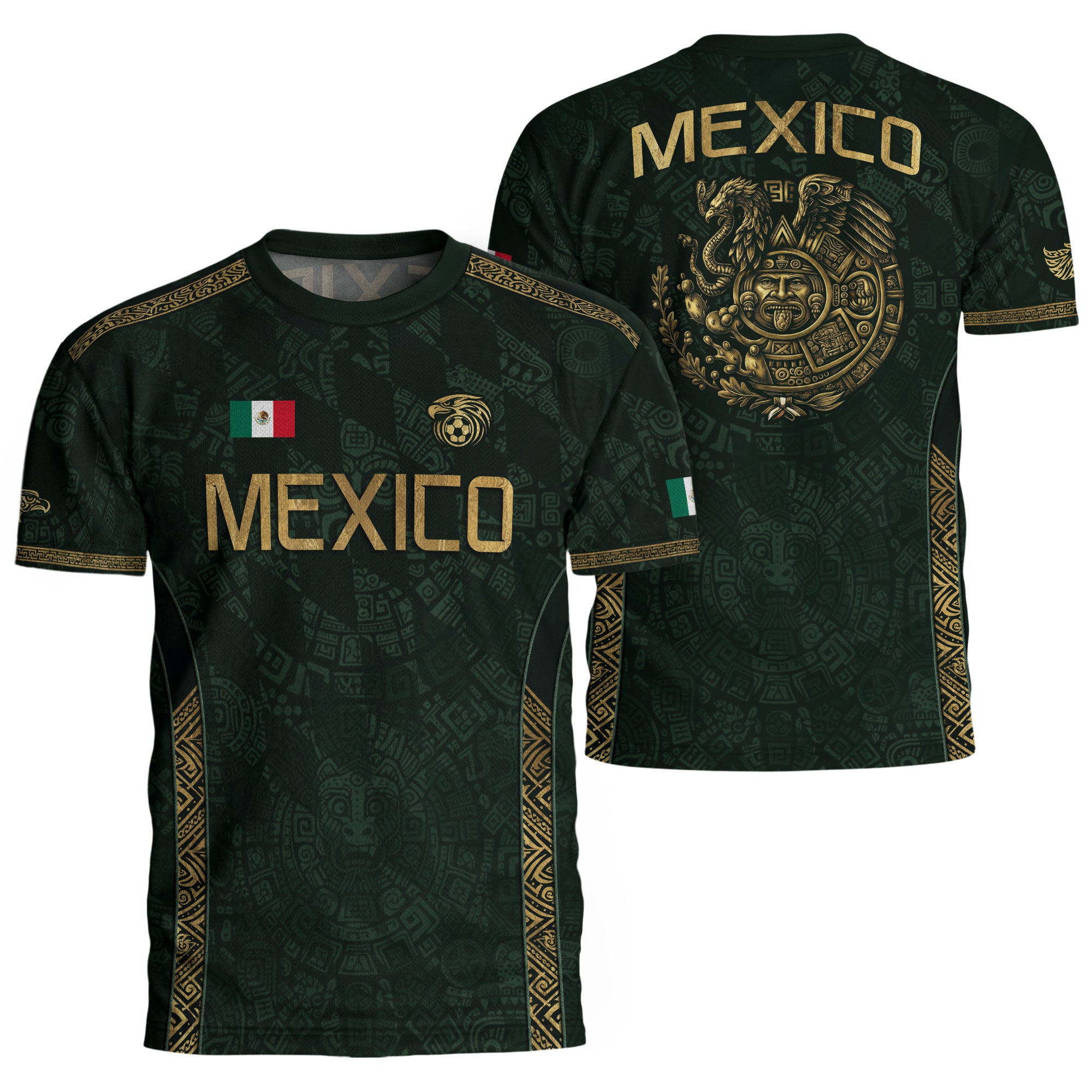 Camiseta de fútbol premium con emblema de águila azteca verde y dorado de México