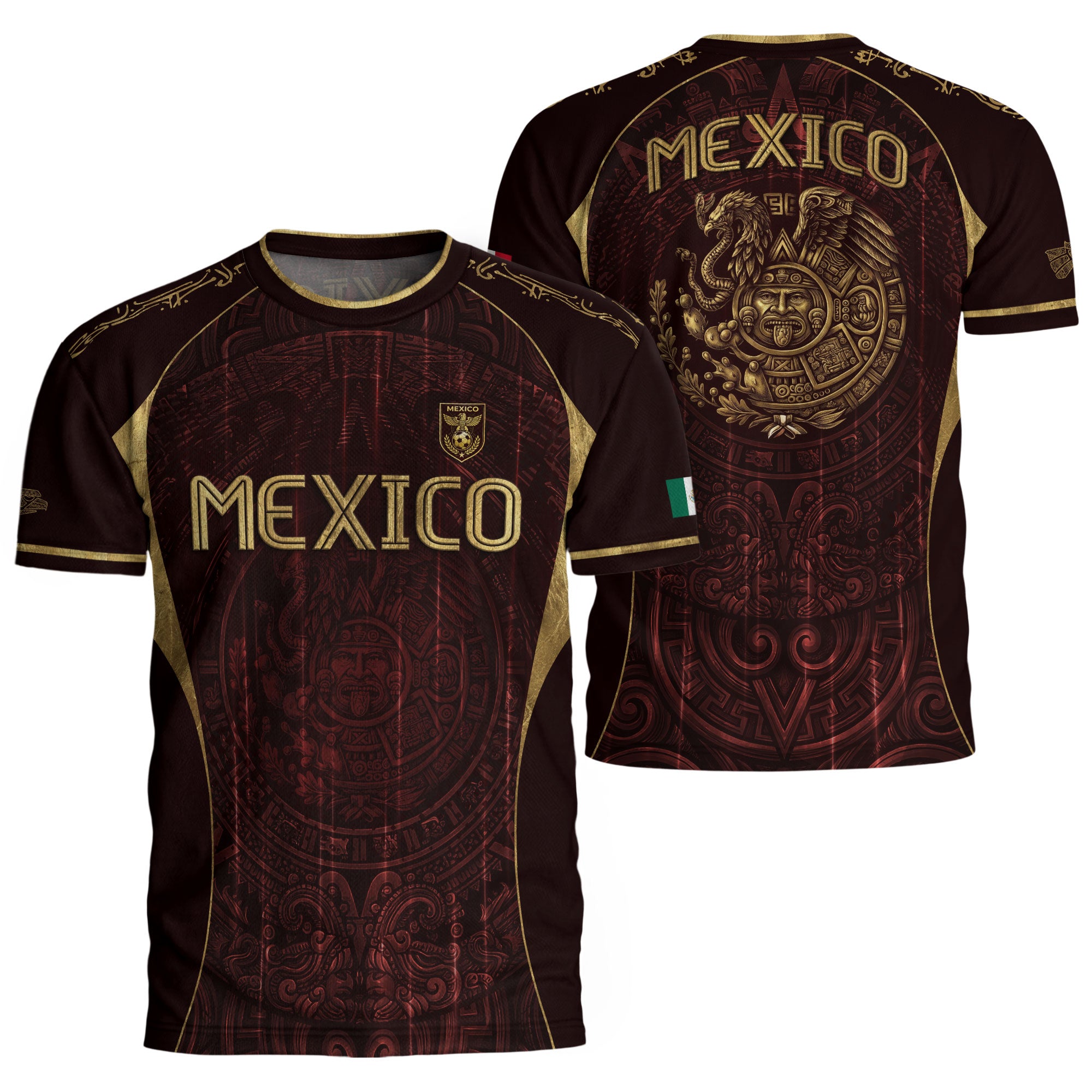 Camiseta de fútbol premium con emblema de águila azteca verde y dorado de México