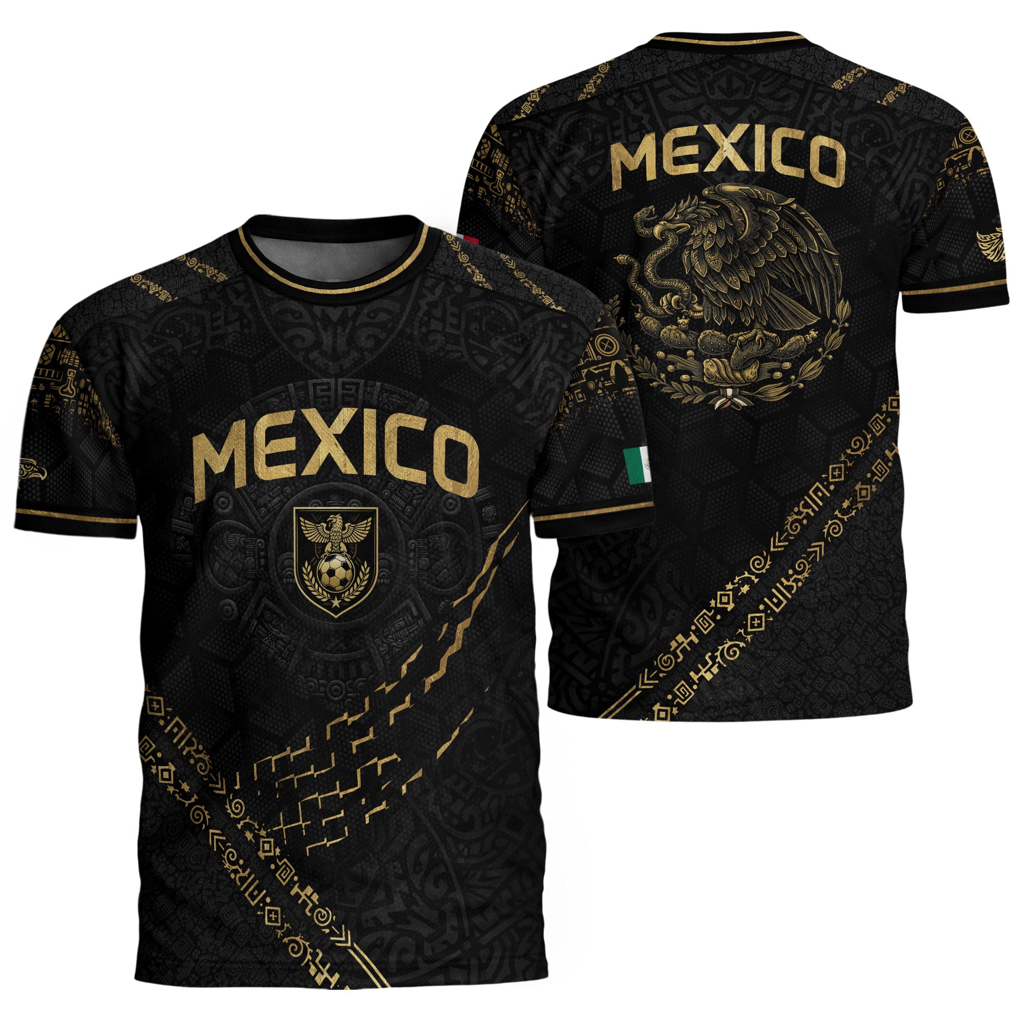 Camiseta de fútbol premium con emblema de águila azteca verde y dorado de México