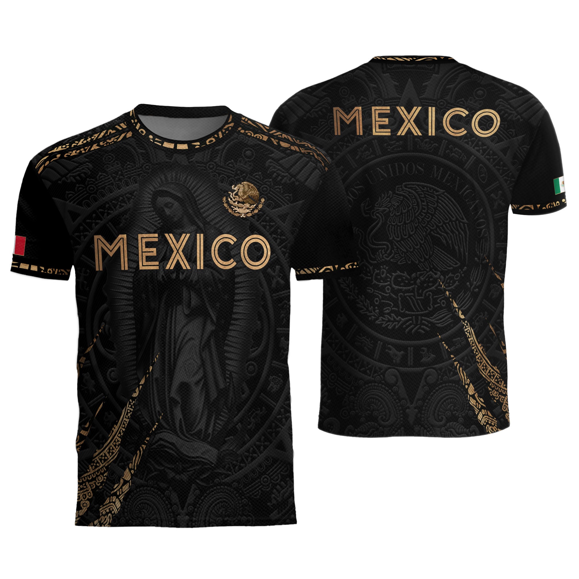 Camiseta de fútbol premium con emblema de águila azteca verde y dorado de México