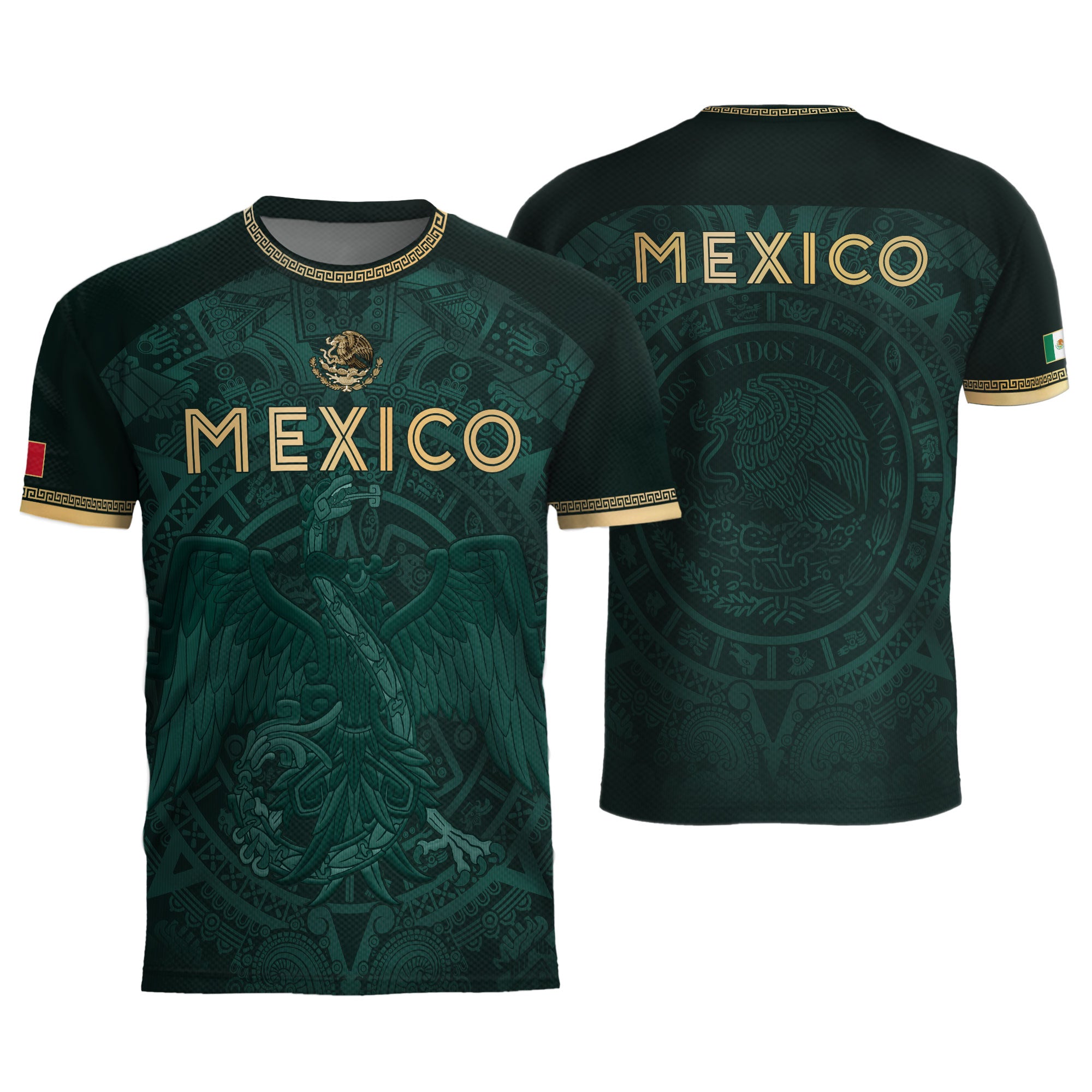 Camiseta de fútbol premium con emblema de águila azteca verde y dorado de México