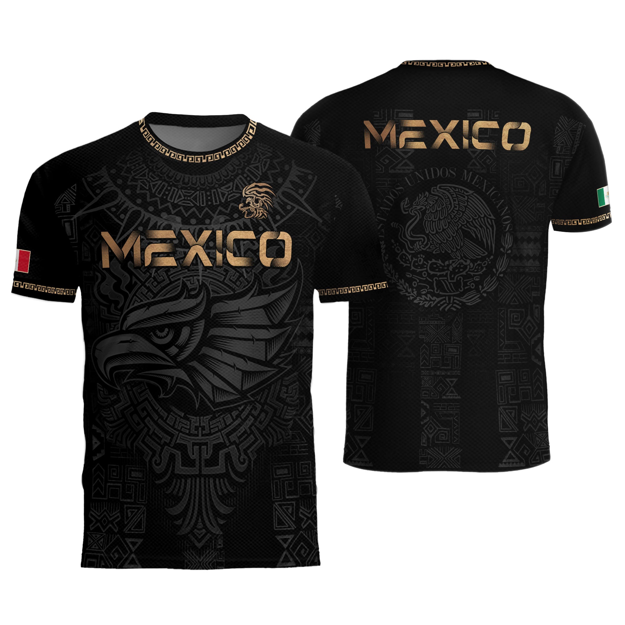 Mexico Heritage Orgullo Mexicano Black Gold Eagle Aztec Calendar Soccer Jersey