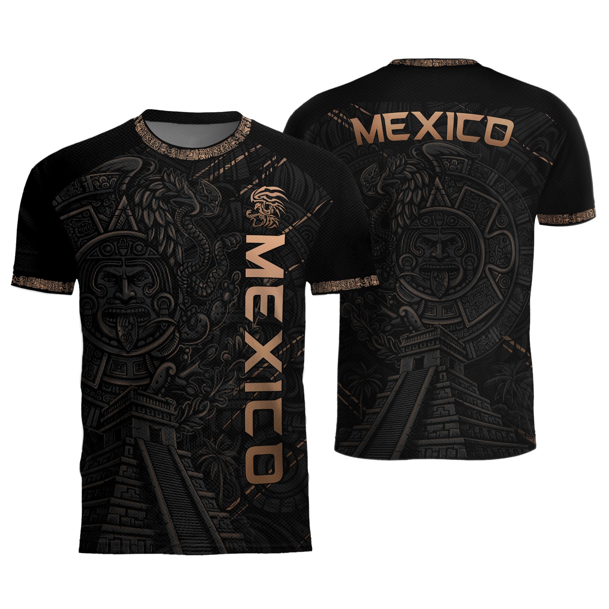 Camiseta de fútbol premium con emblema de águila azteca verde y dorado de México