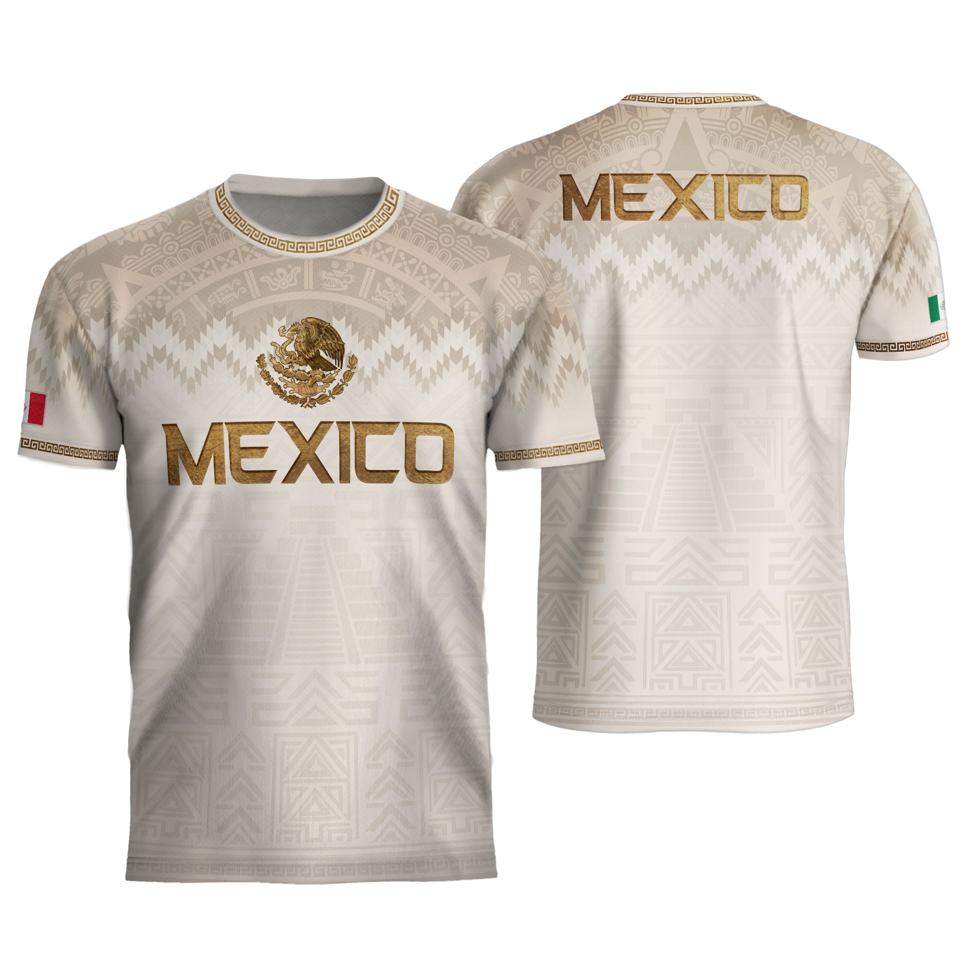 Camiseta de fútbol premium con emblema de águila azteca verde y dorado de México
