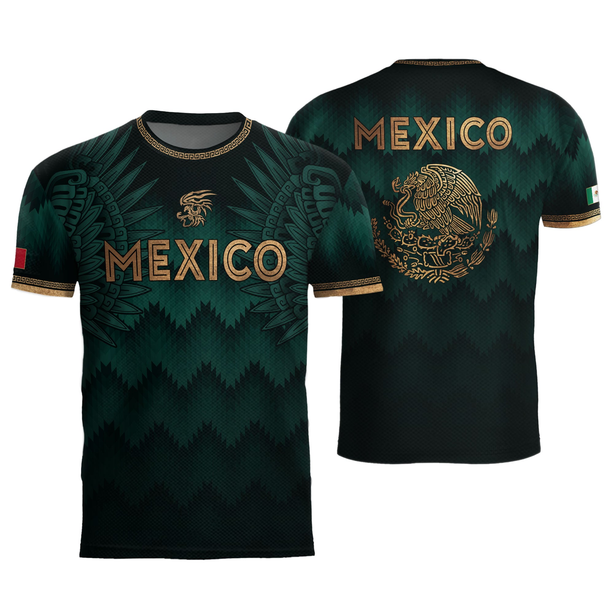Mexico Coat of Arms Green Gold Aztec Ziczac Pattern Wing Graphic Heritage Soccer Jersey