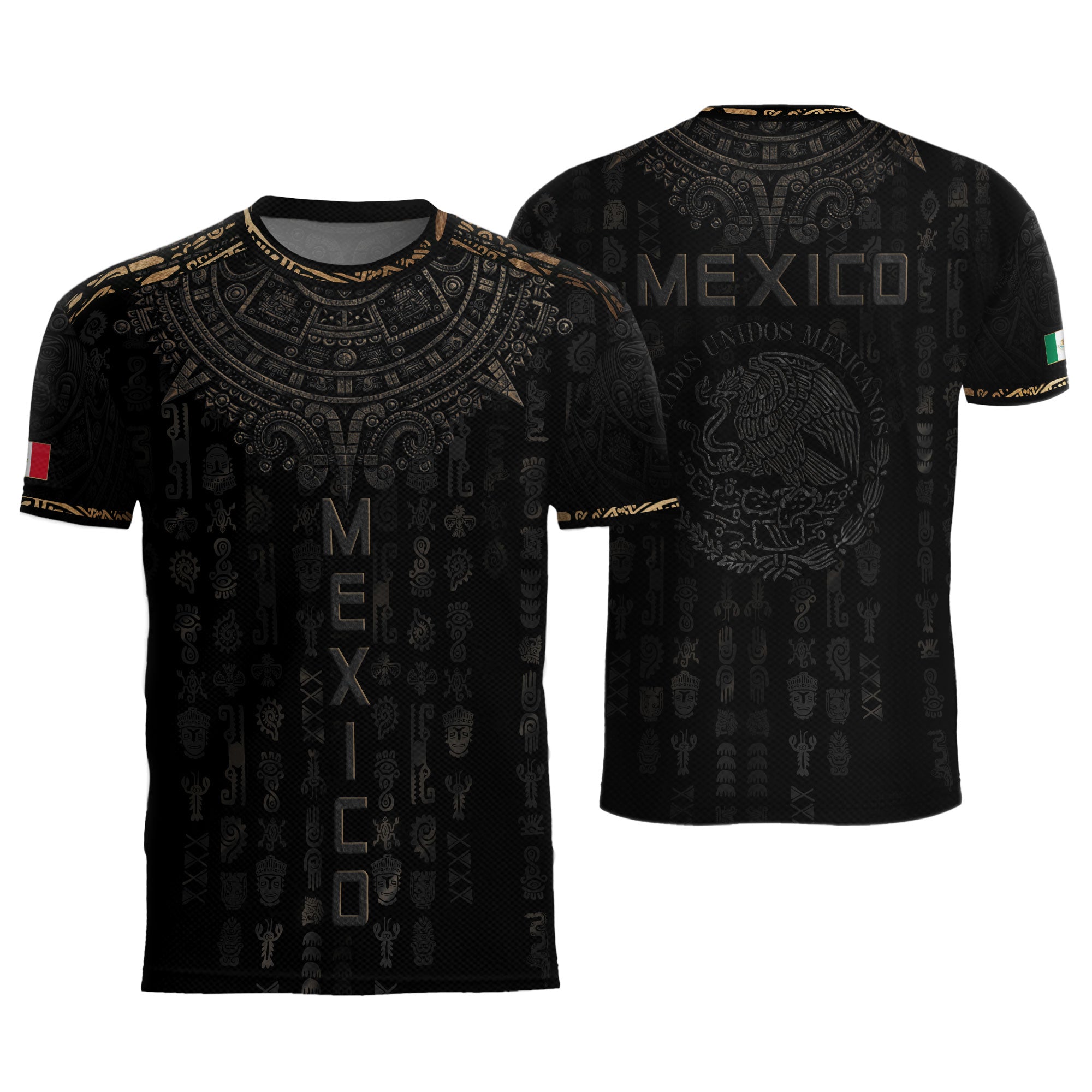 Mexico Heritage Orgullo Mexicano Black Bronze Ancient Mask Aztec Calendar Soccer Jersey