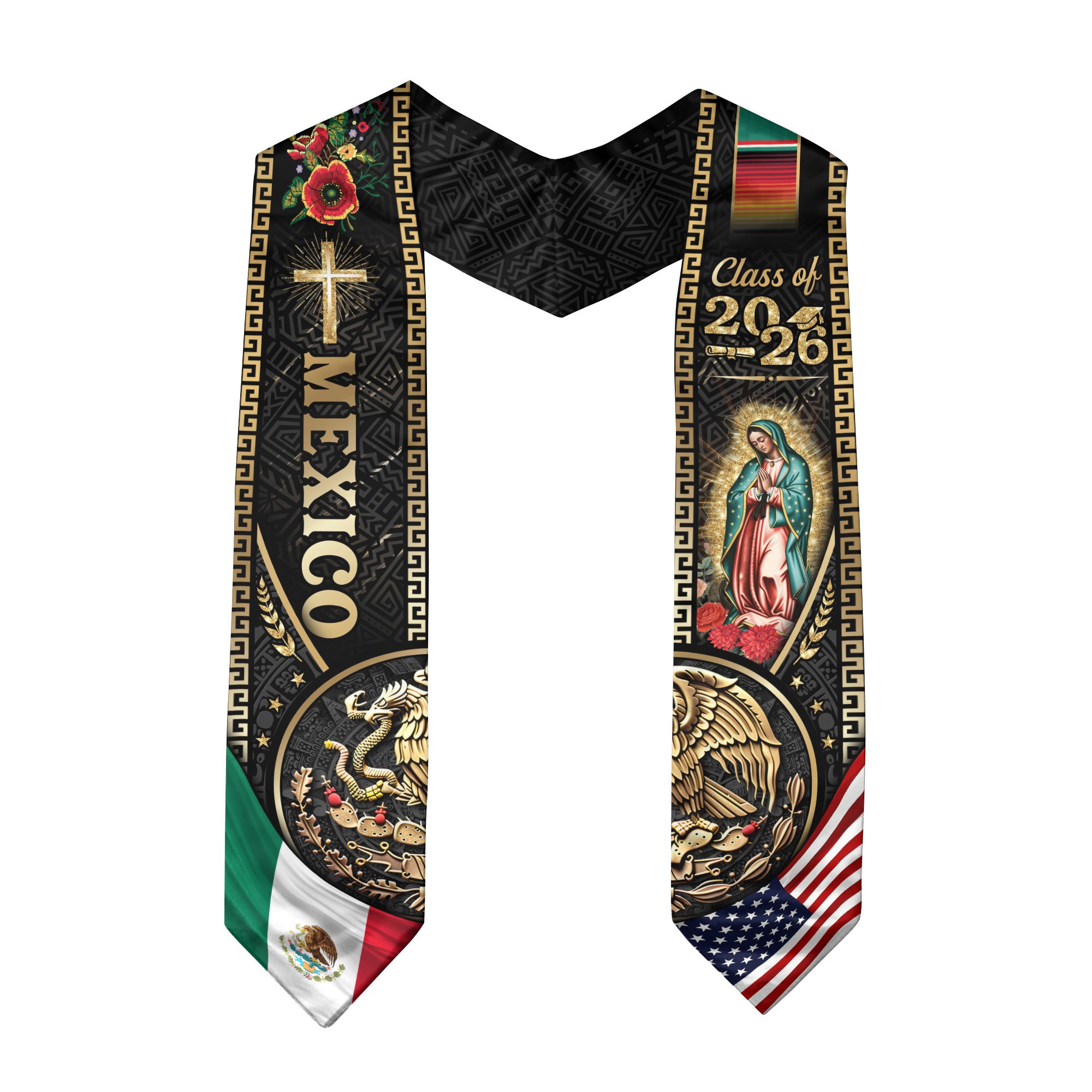 Mexican Graduation Stole Class of 2026 Aztec Eagle Cross Virgin Mary Mexico USA Flag Sash