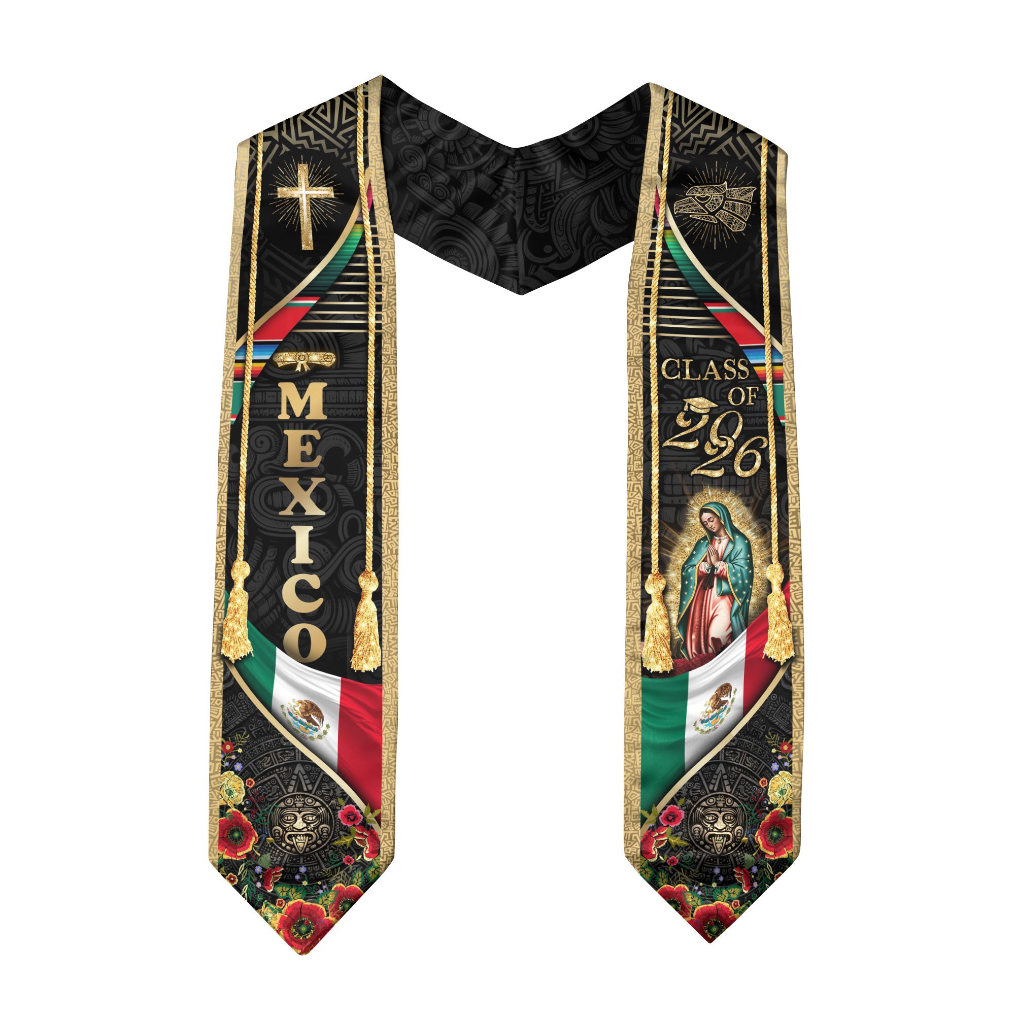 Mexican Graduation Stole Class of 2026 Aztec Calendar Cross Virgin Mary Mexico Flag Sash