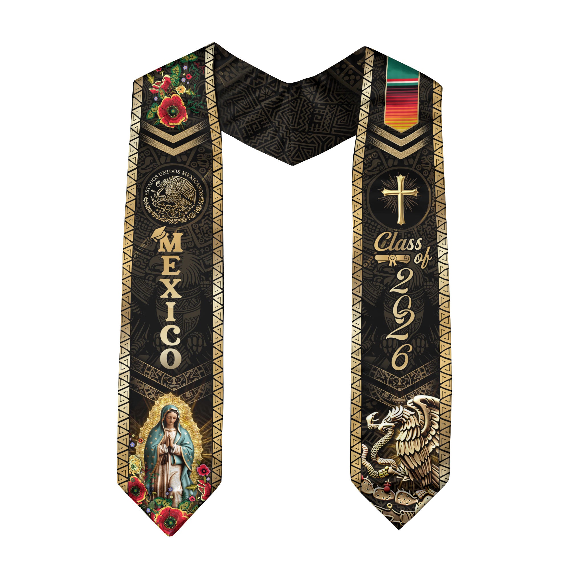 Mexican Graduation Stole Class of 2026 Aztec Eagle Cross Virgin Mary Floral Mexico Sash