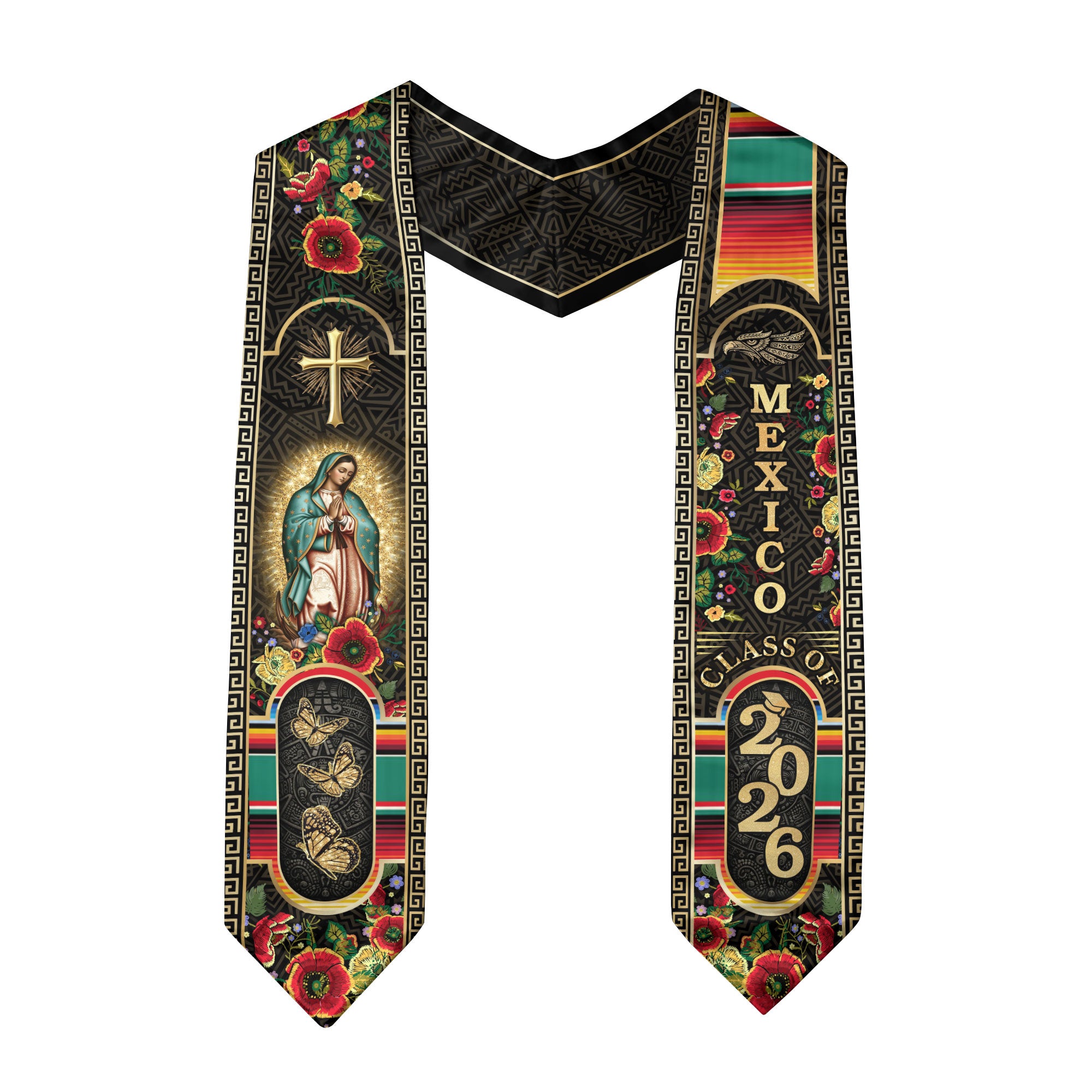 Mexican Graduation Stole Class of 2026 Aztec Cross Virgin Mary Butterfly Floral Mexico Sash