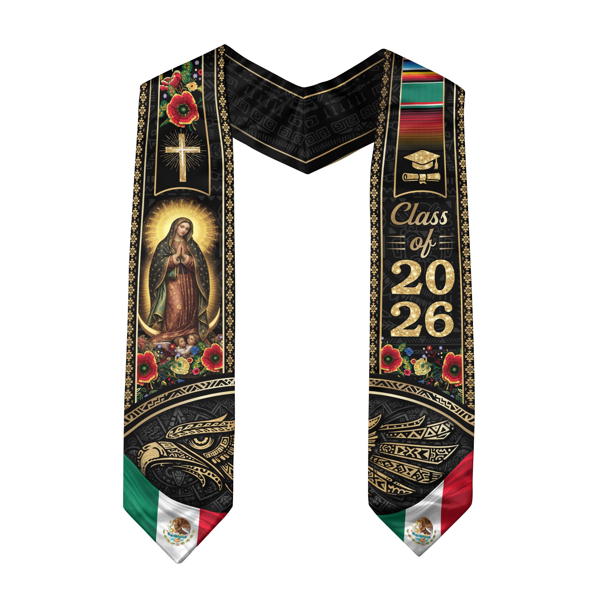 Mexican Graduation Stole Class of 2026 Aztec Eagle Cross Virgin Mary Floral Mexico Flag Sash