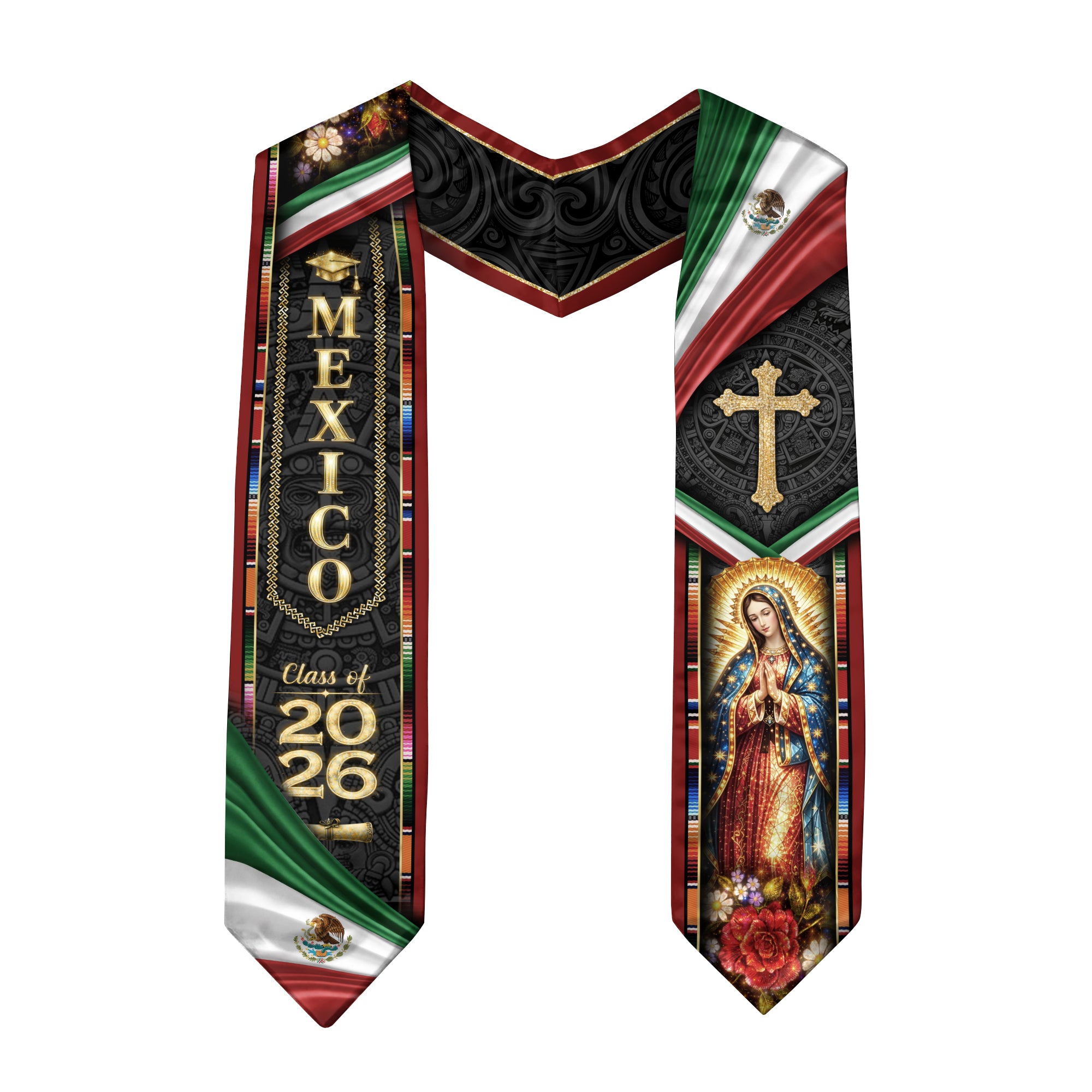 Mexican Graduation Stole Class of 2026 Aztec Virgin Mary Cross Mexico Flag Serape Sash