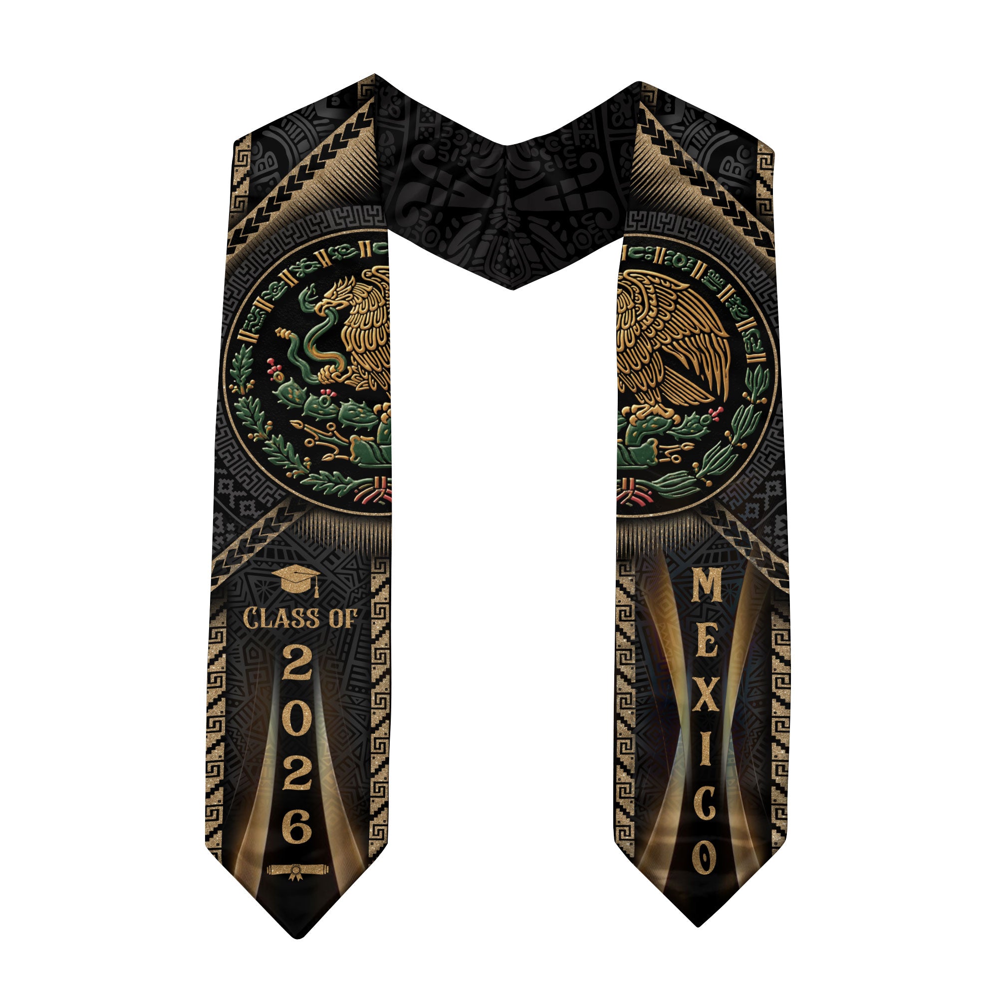 Mexican Graduation Stole Class of 2026 Aztec Calendar Eagle Emblem Gold Mexico Sash