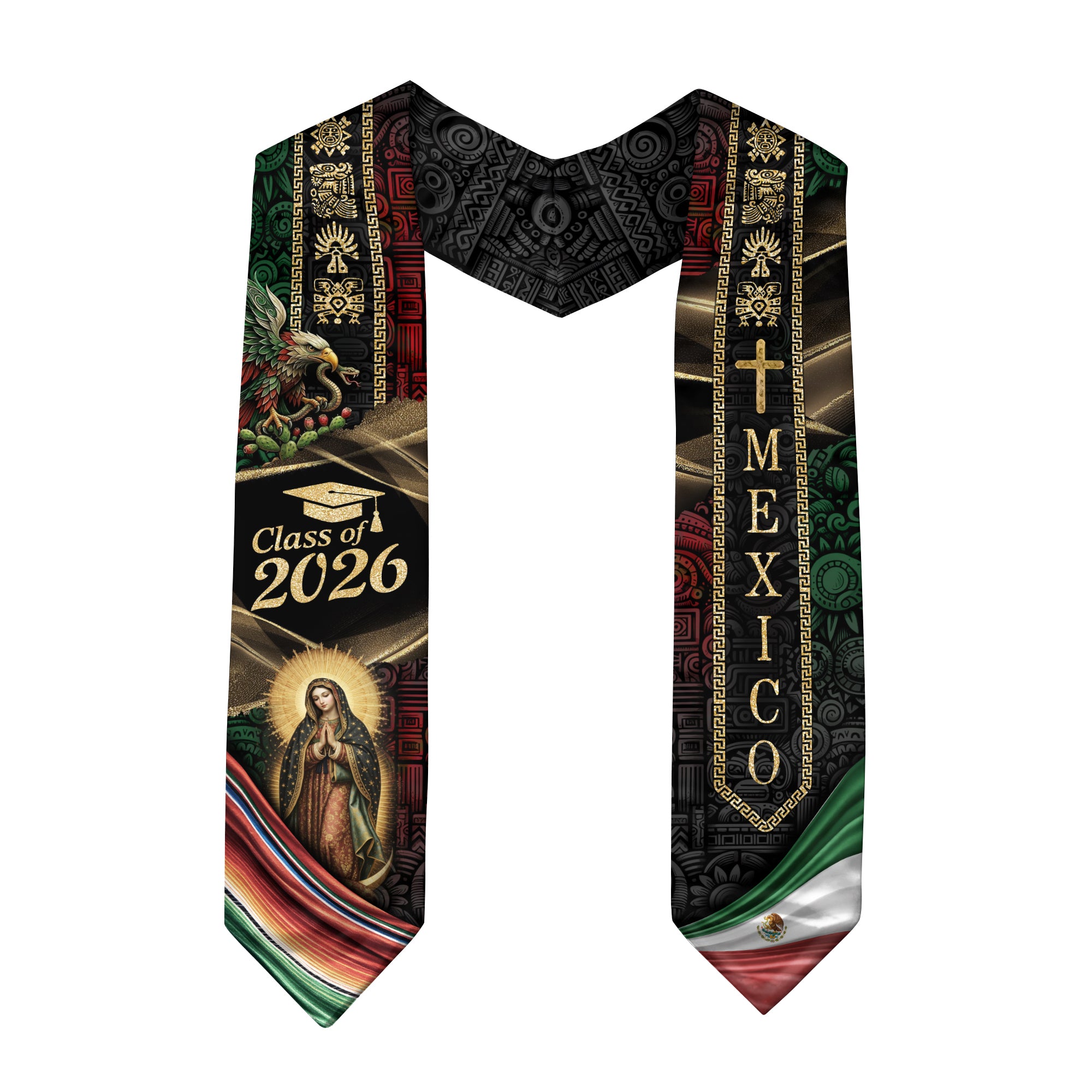 Mexican Graduation Stole Class of 2026 Aztec Eagle Virgin Mary Cross Mexico Flag Serape Sash