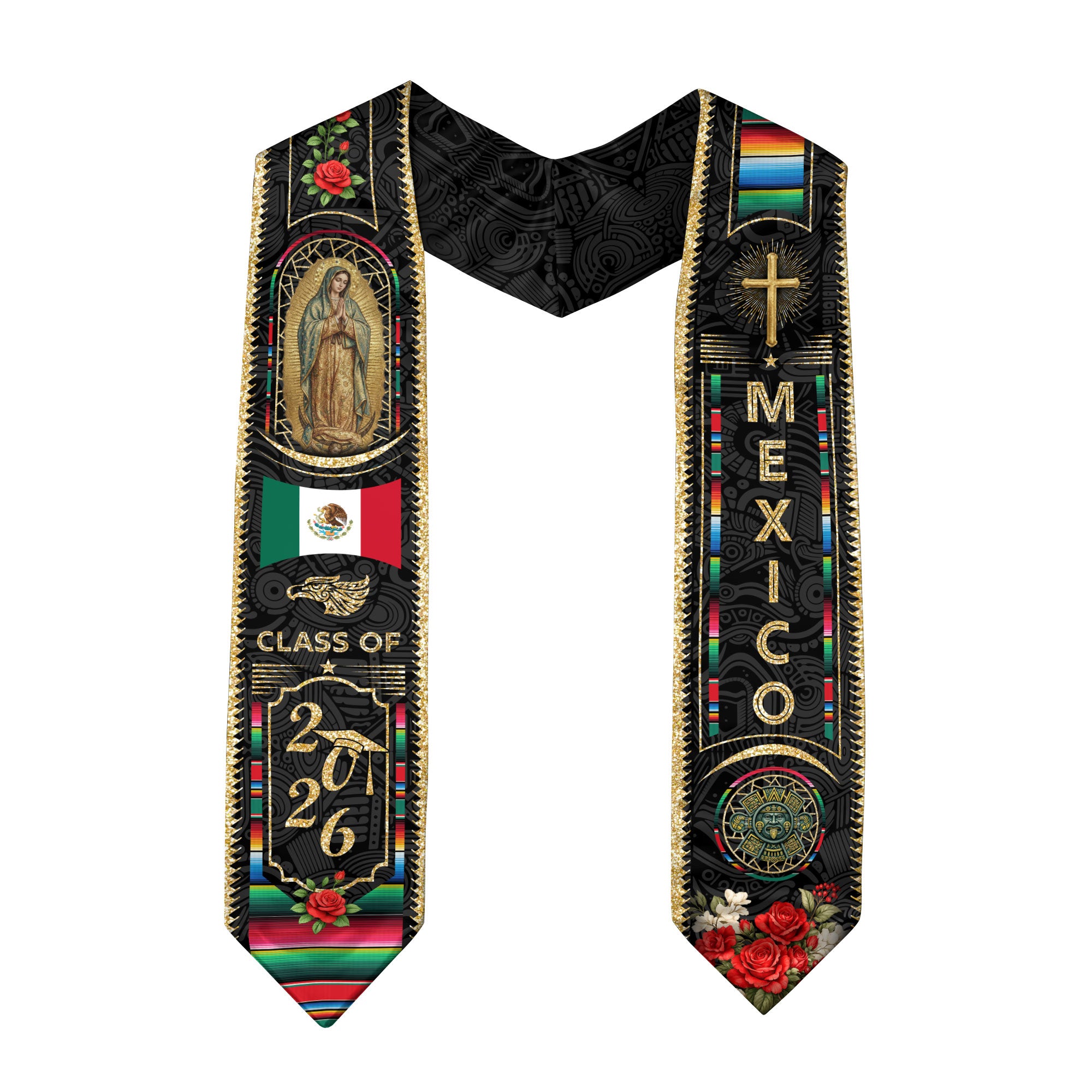 Mexico Graduation Stole Class of 2026, Virgin Mary & Aztec Calendar Heritage