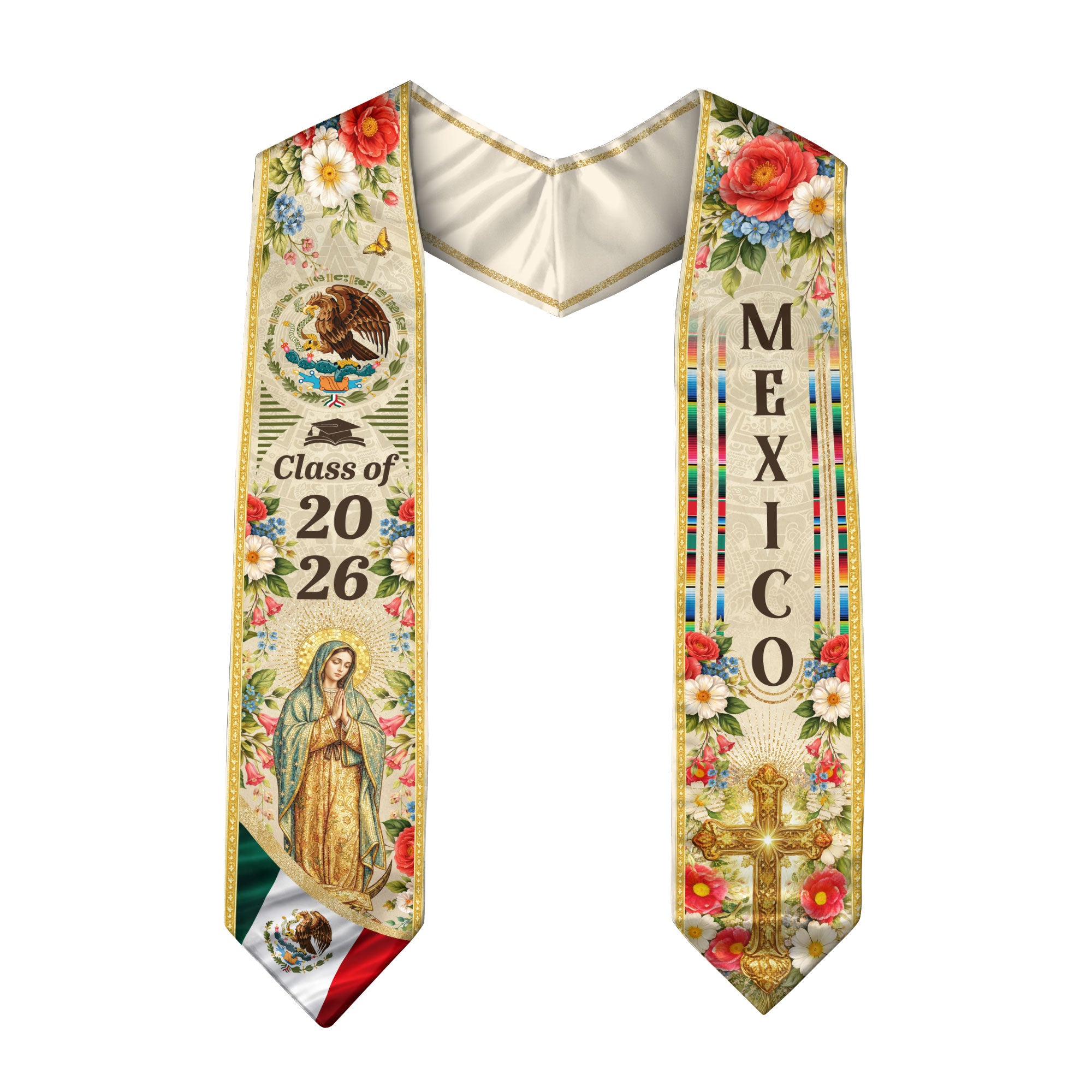 Mexican Graduation Stole 2026, Our Lady of Guadalupe & Eagle Flower Heritage