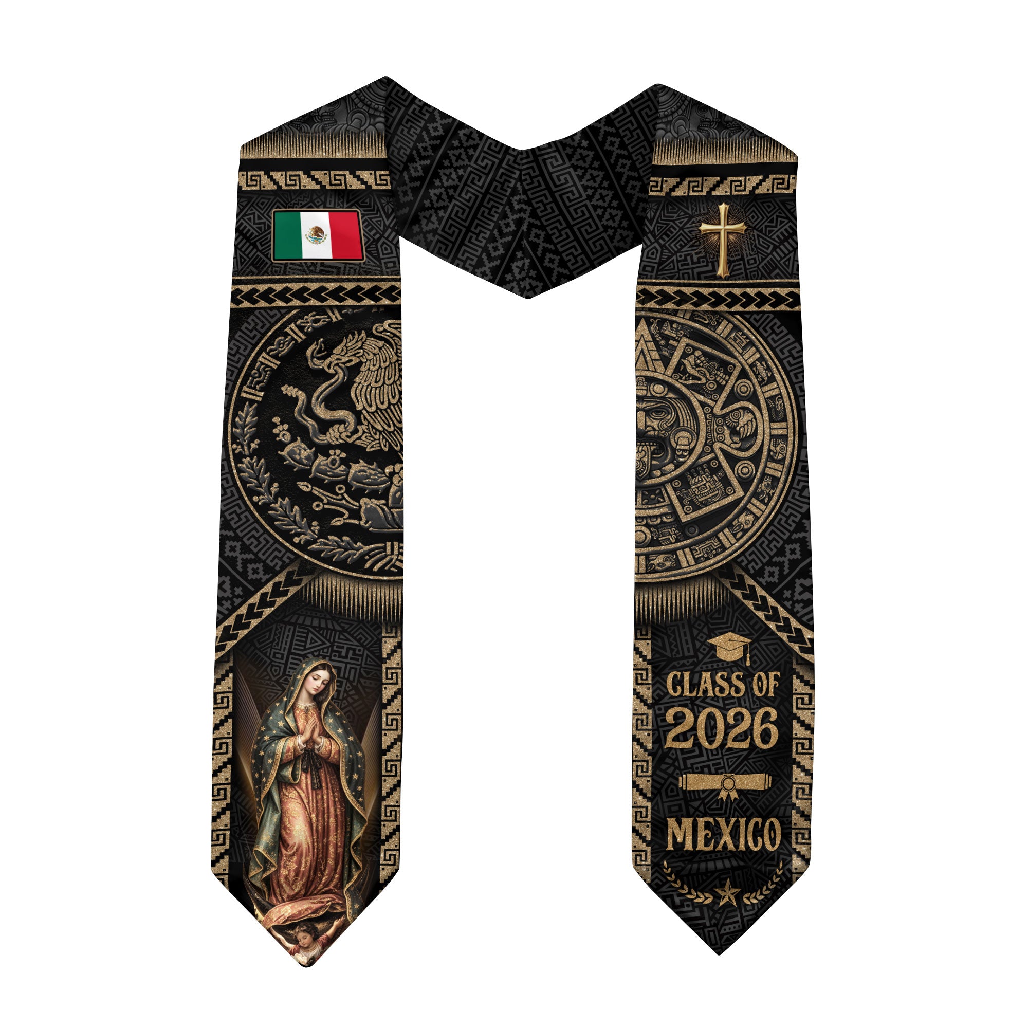 Mexican Graduation Stole 2026, Luxury Black Gold Aztec & Our Lady of Guadalupe