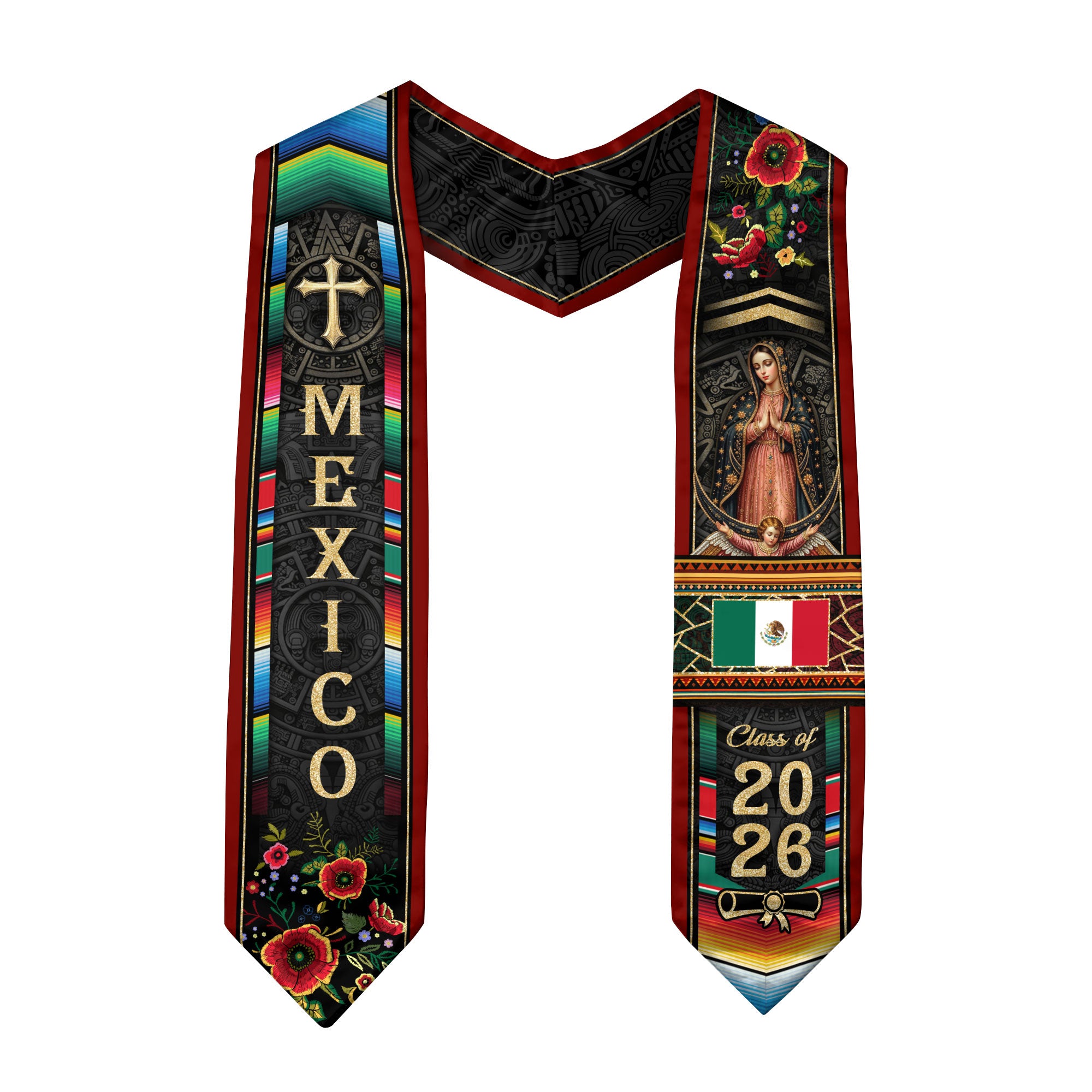 Virgin Mary Mexico Graduation Stole 2026, Golden Cross & Serape Flag Heritage
