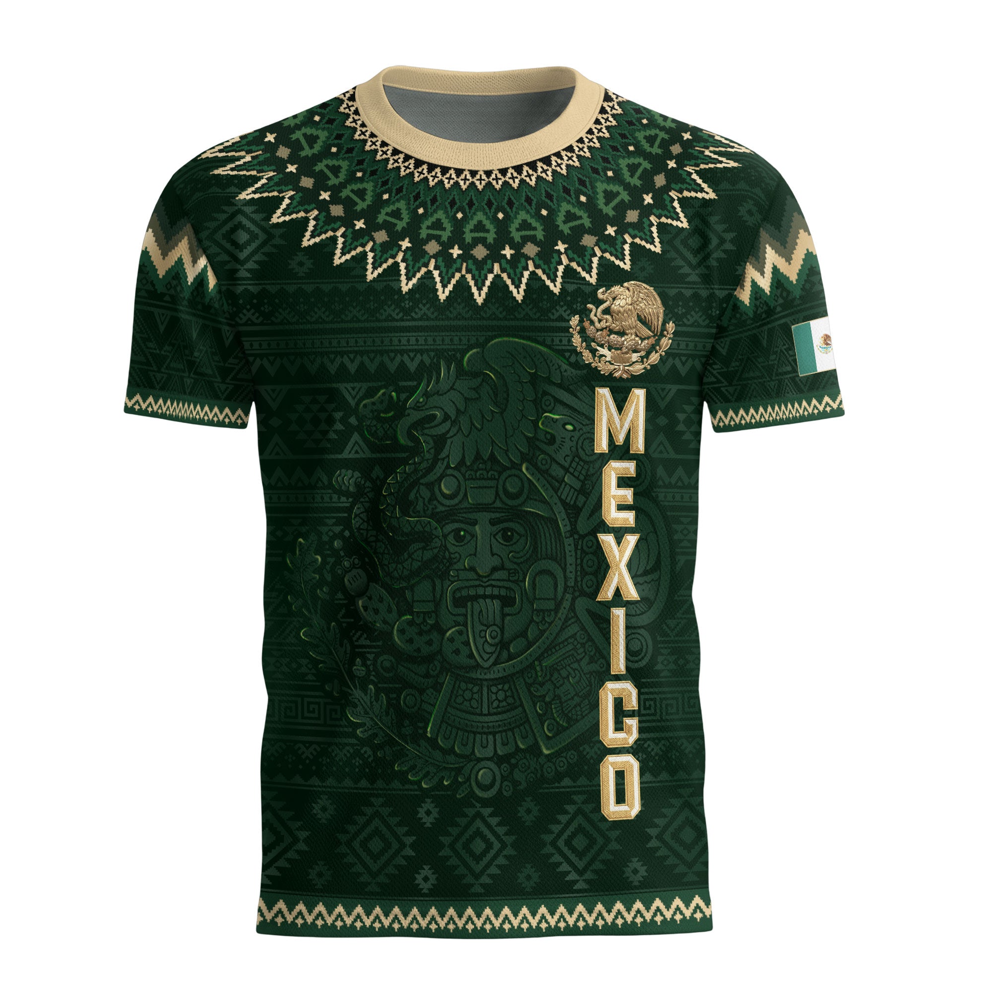 Camiseta de fútbol premium con emblema de águila azteca verde y dorado de México