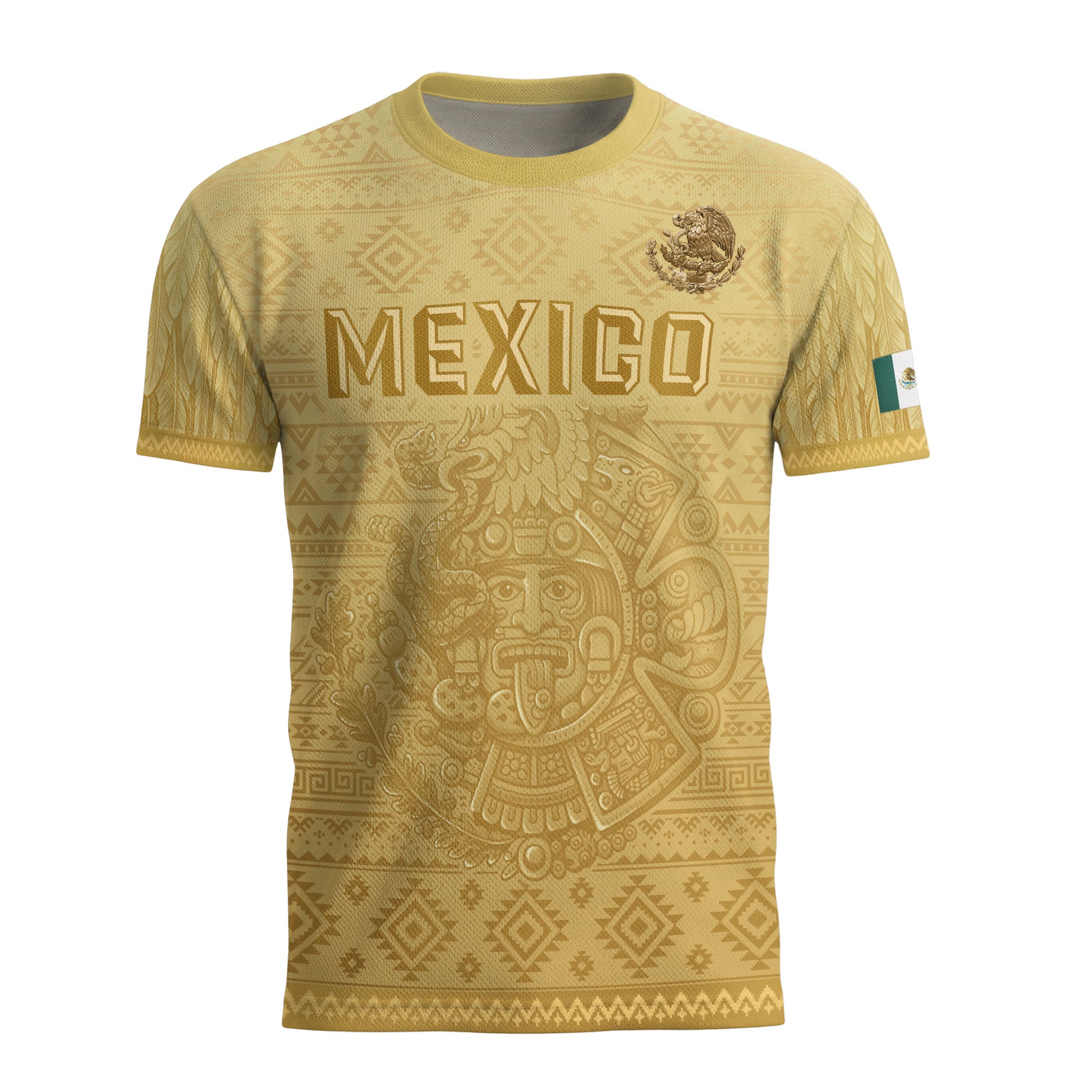 Camiseta de fútbol premium con emblema de águila azteca verde y dorado de México