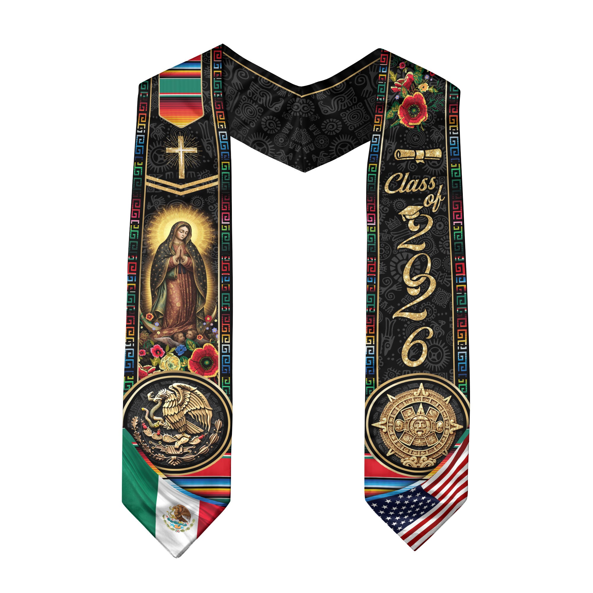 Class of 2026 Mexico Graduation Stole, Eagle & Aztec Sun Stone Heritage Serape