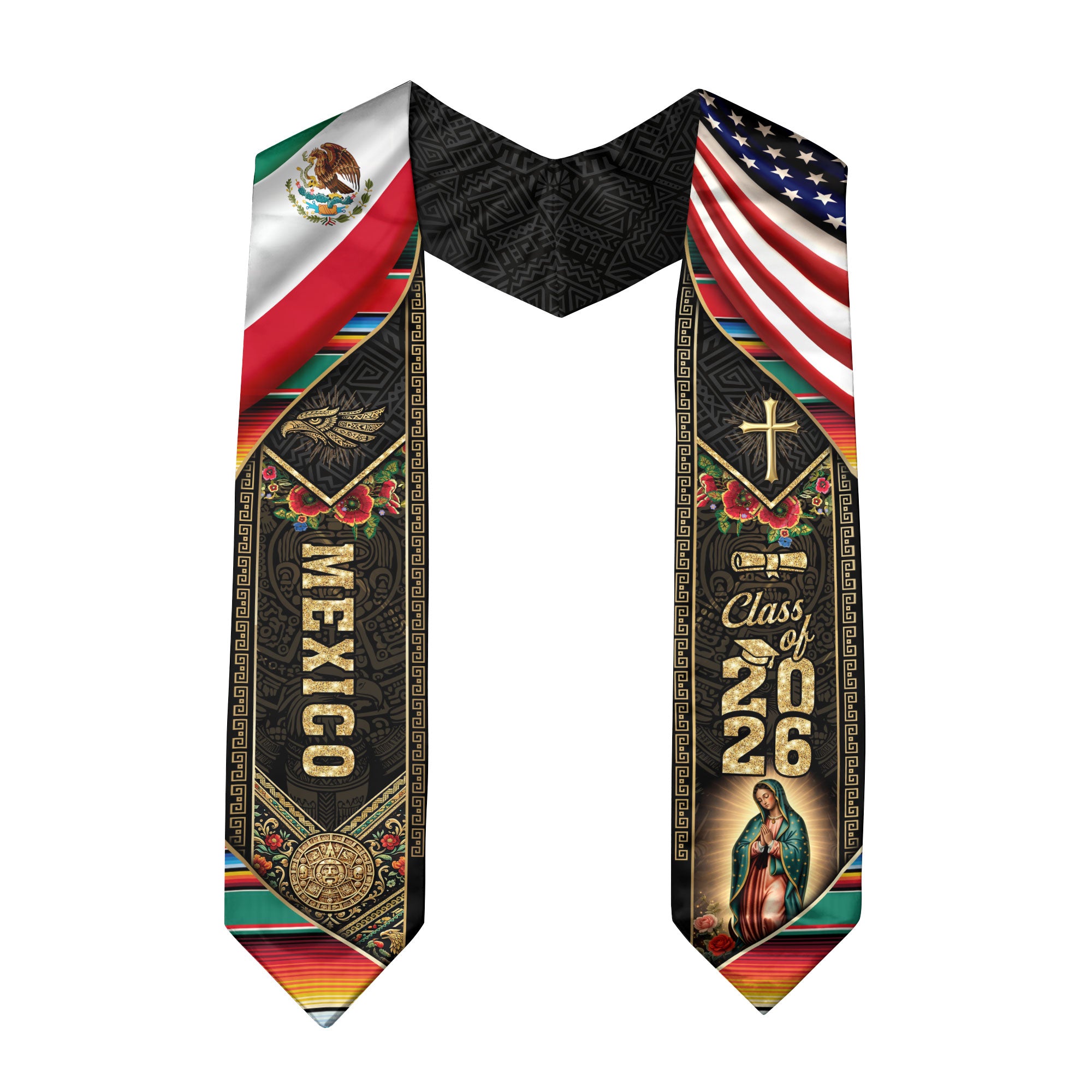Mexico USA Graduation Stole Class of 2026, Virgin Mary & Eagle Heritage