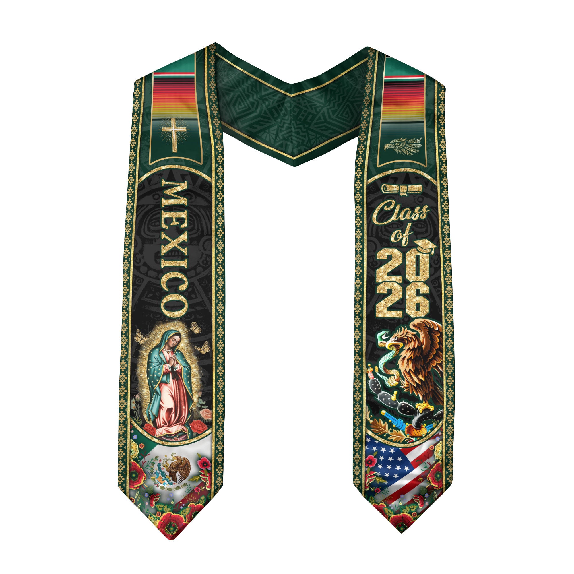 Virgin Mary Mexico Graduation Stole 2026, Golden Cross & US Mexico Flag