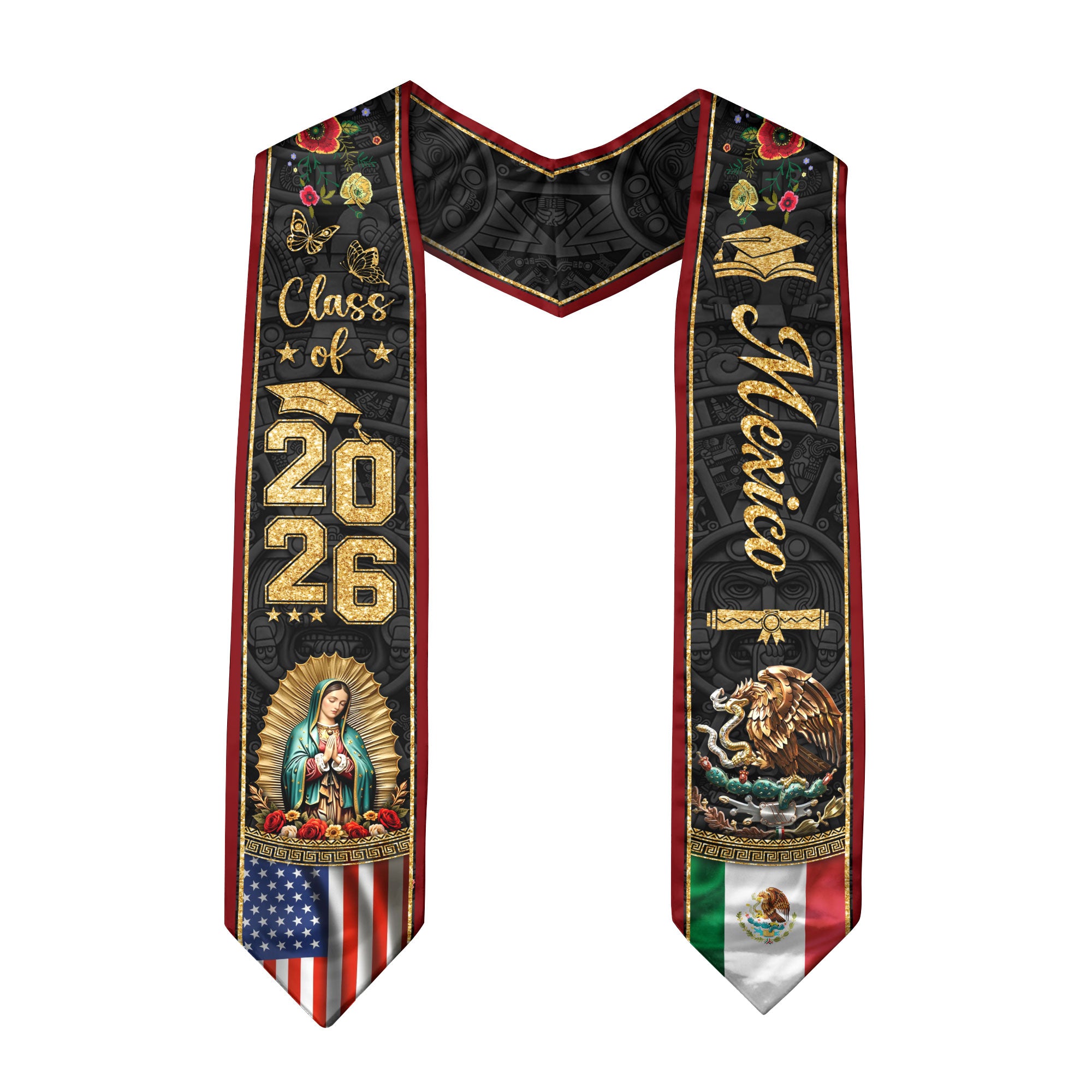 Graduation Stole Class of 2026 Mexico USA Guadalupe Dual Heritage Hispanic Sash