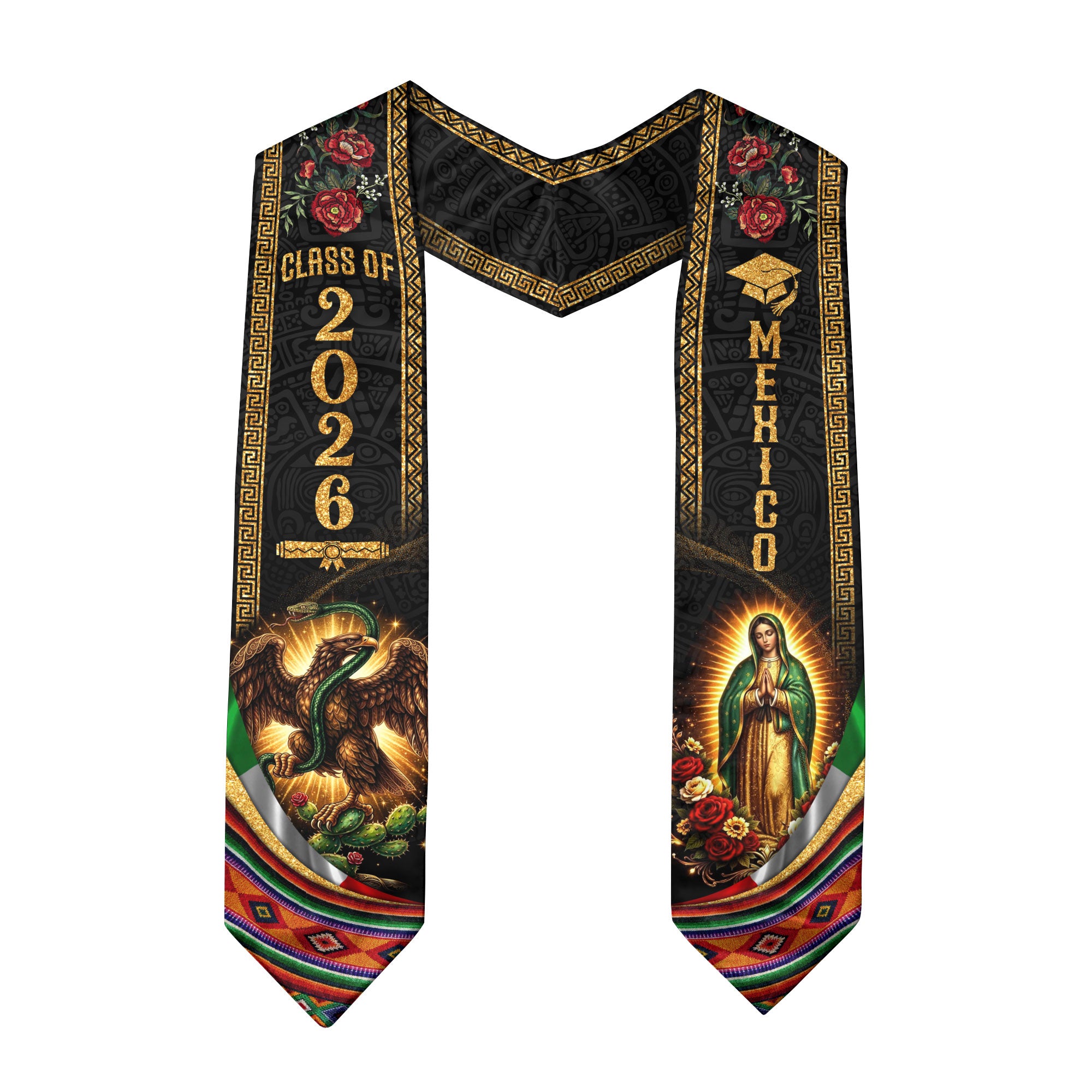 Graduation Stole Class of 2026 Mexico Aztec Eagle Guadalupe Premium Hispanic Sash