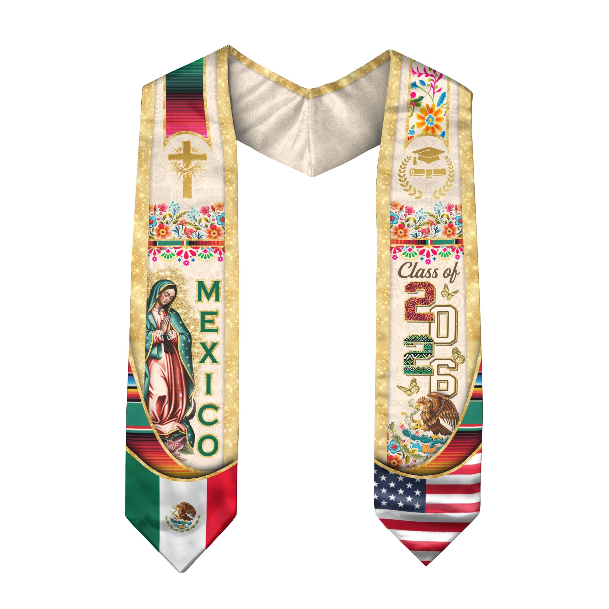 Mexican Graduation Stole Class of 2026 – Guadalupe Catholic Mexico Flag Sash