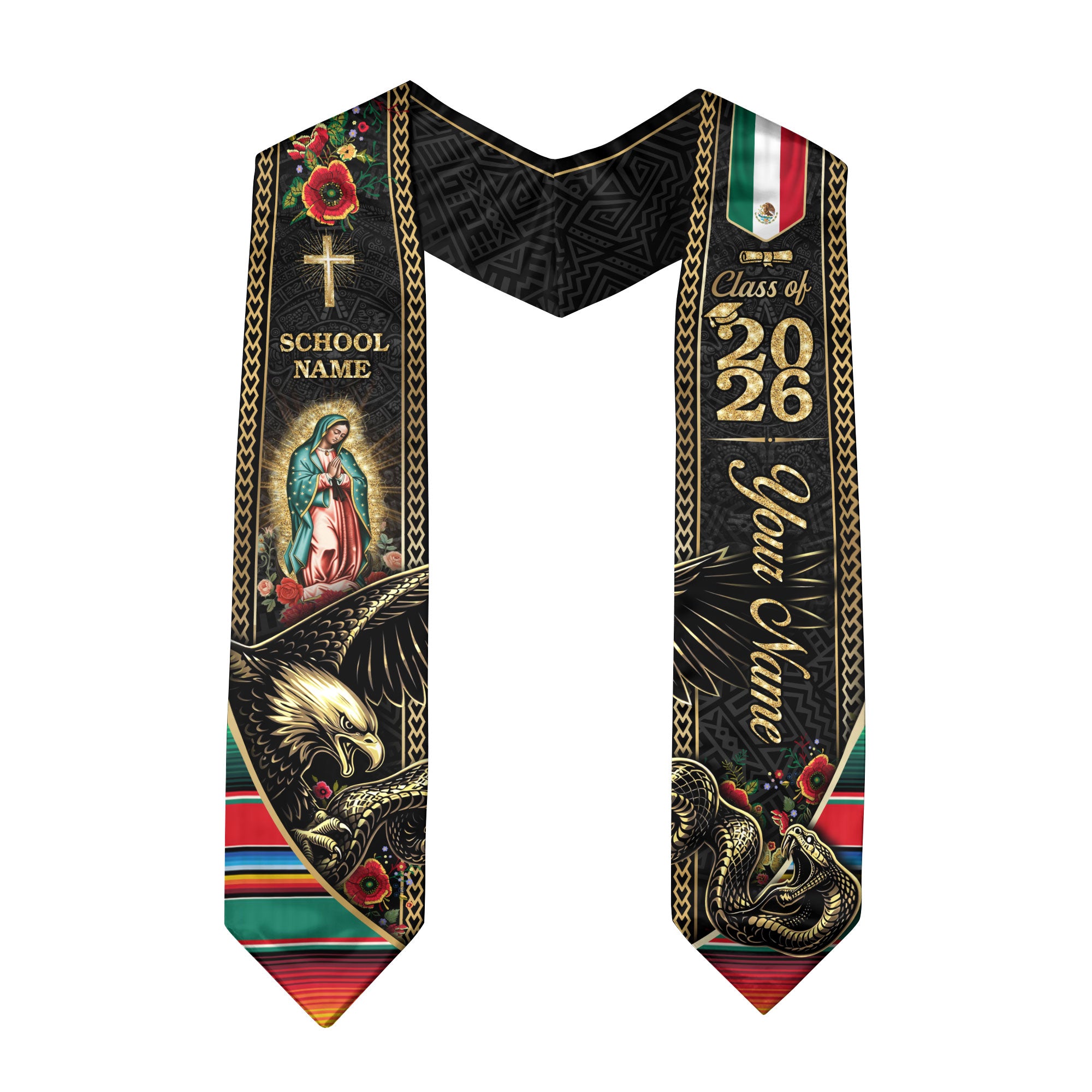 Custom Mexico Graduation Stole 2026 Virgin Mary Eagle Snake Catholic Mexican Heritage Sash