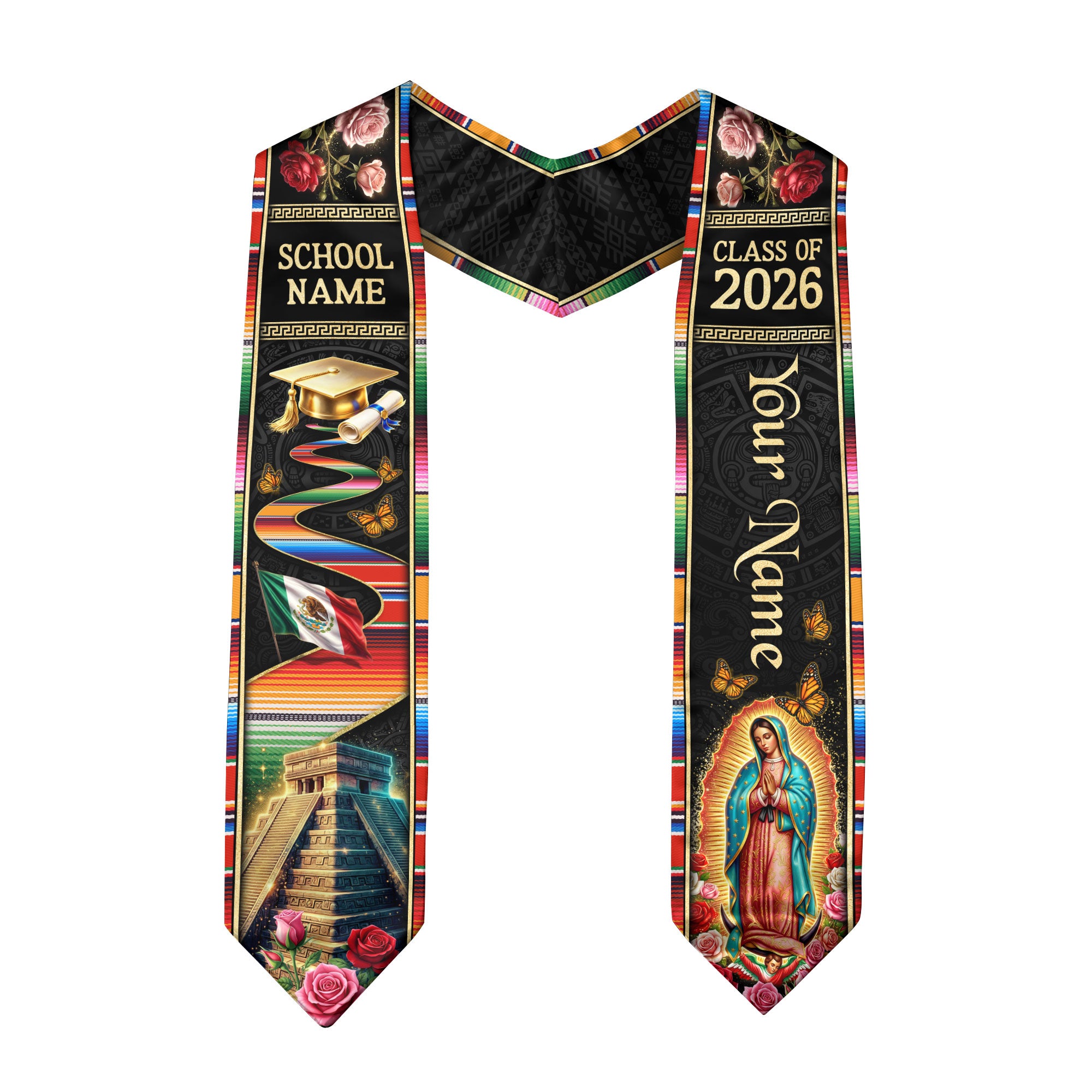 Mexico Graduation Stole Class of 2026 Custom Name Virgin Mary Sacred Heart Sash