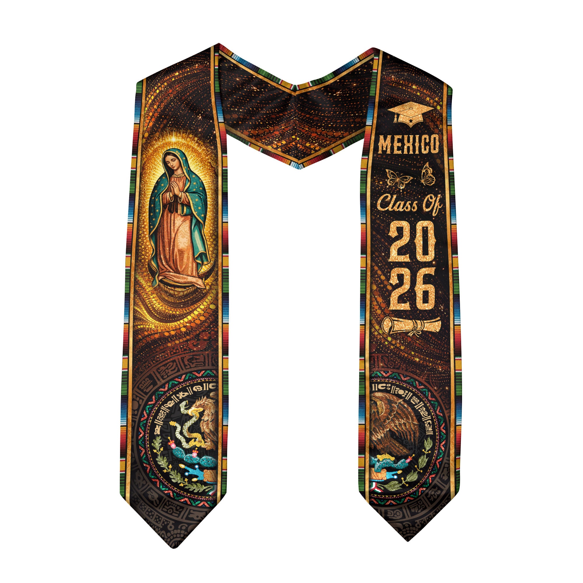 Mexico Graduation Stole Class of 2026 Virgin of Guadalupe Aztec Calendar Serape Sash