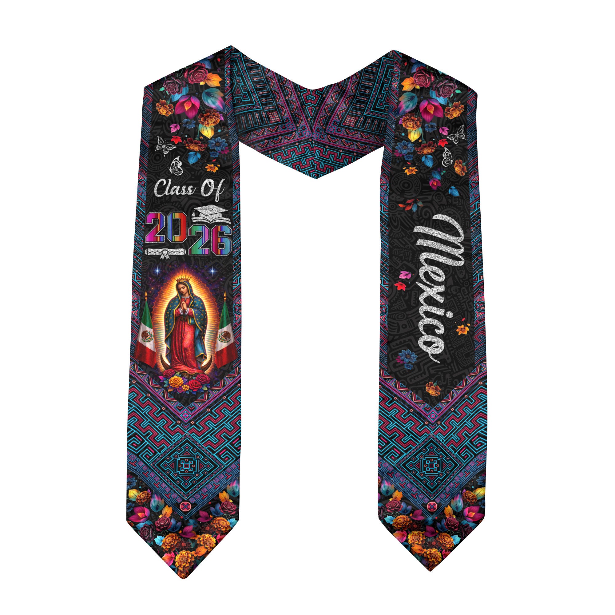 Class of 2026 Mexico Graduation Stole Virgin Guadalupe Floral Cultural Kente Sash