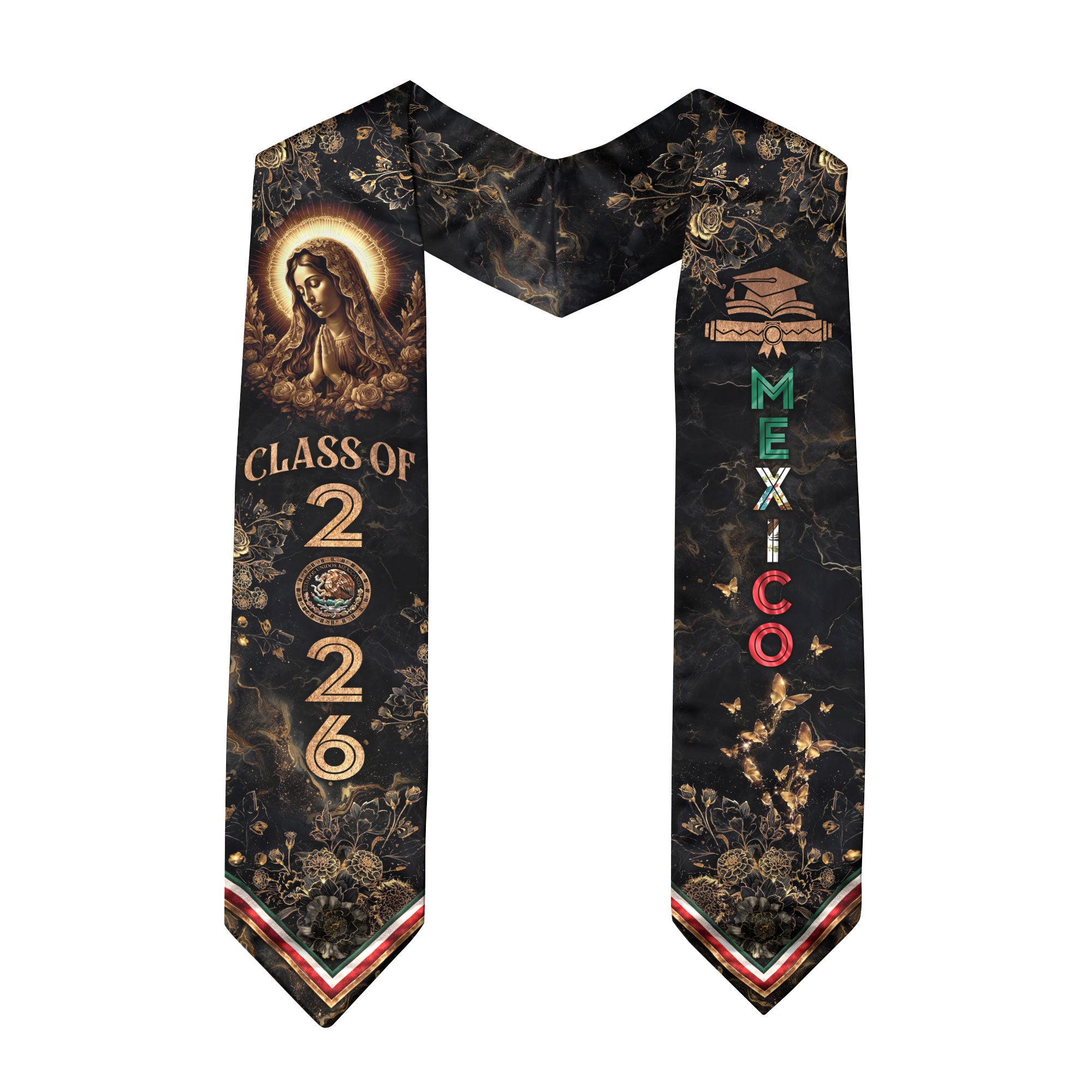 Mexico Graduation Stole Class of 2026 Virgin of Guadalupe Floral Heritage Sash