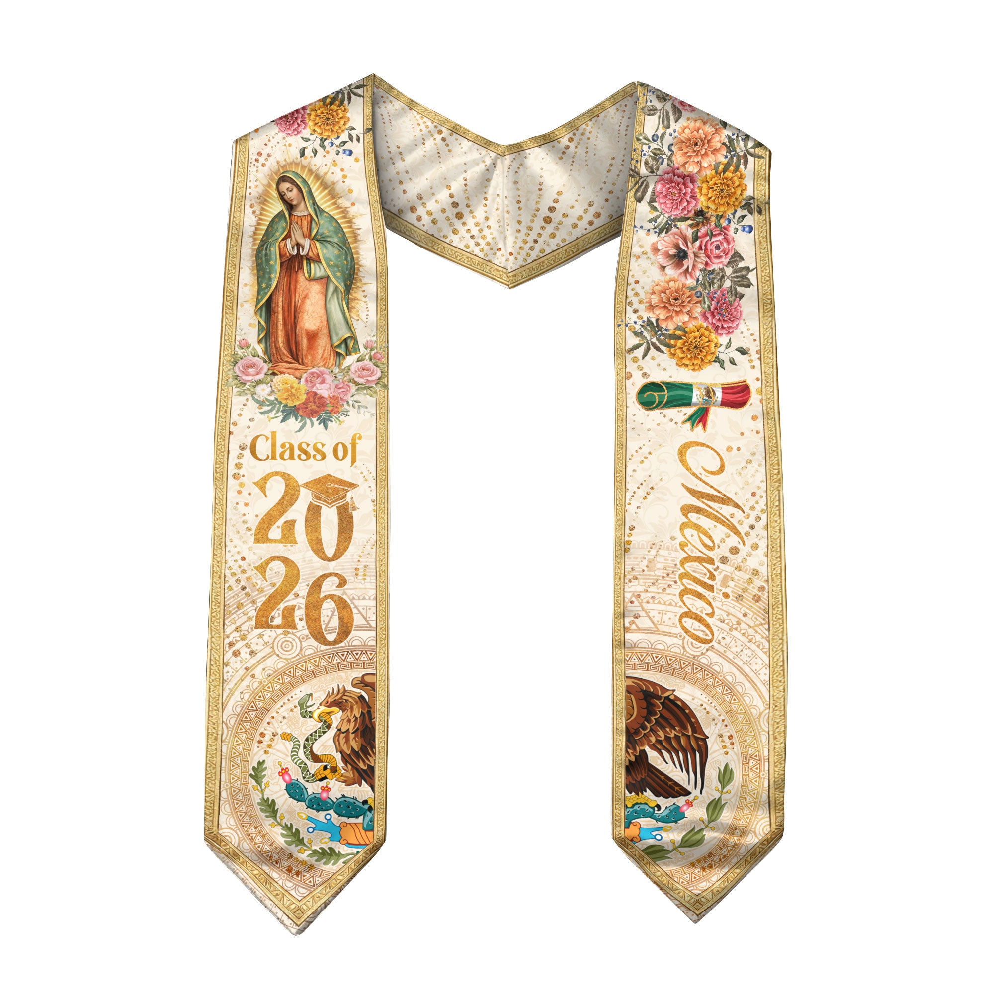 Mexico Graduation Stole 2026 Virgin Guadalupe Floral Aztec Eagle Pride Sash